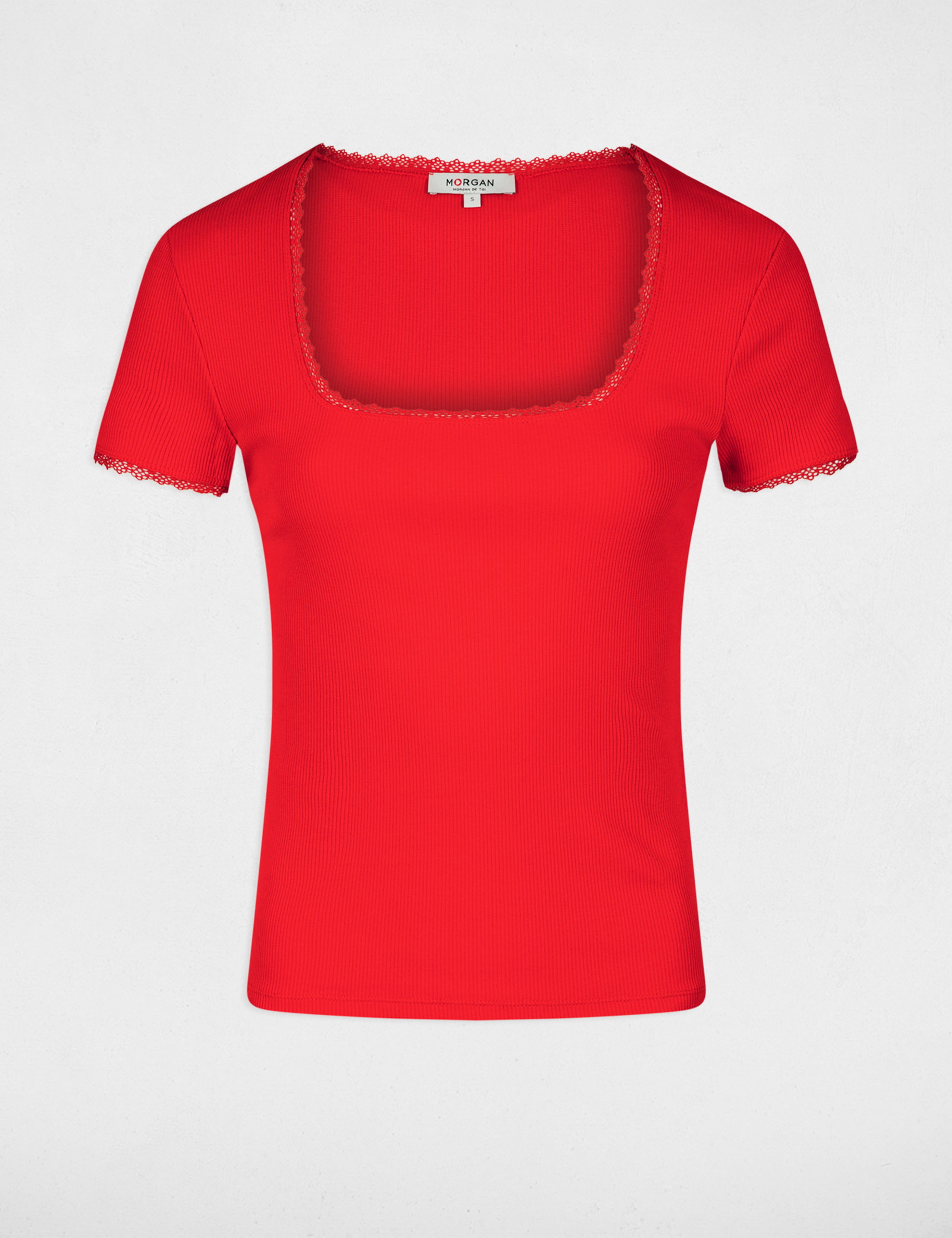 T-shirt korte geribbelde mouwen rood vrouw