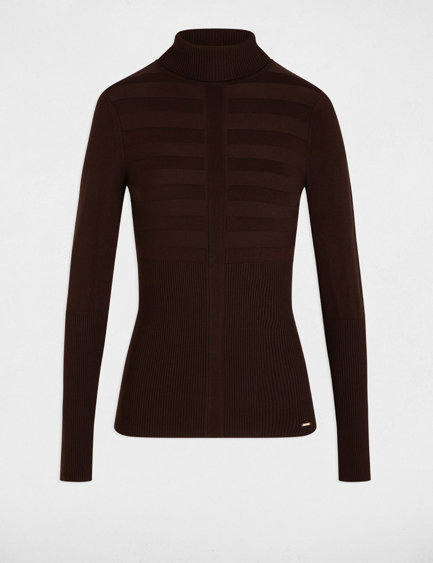 Pull col roul&eacute; cintr&eacute; marron fonc&eacute; femme