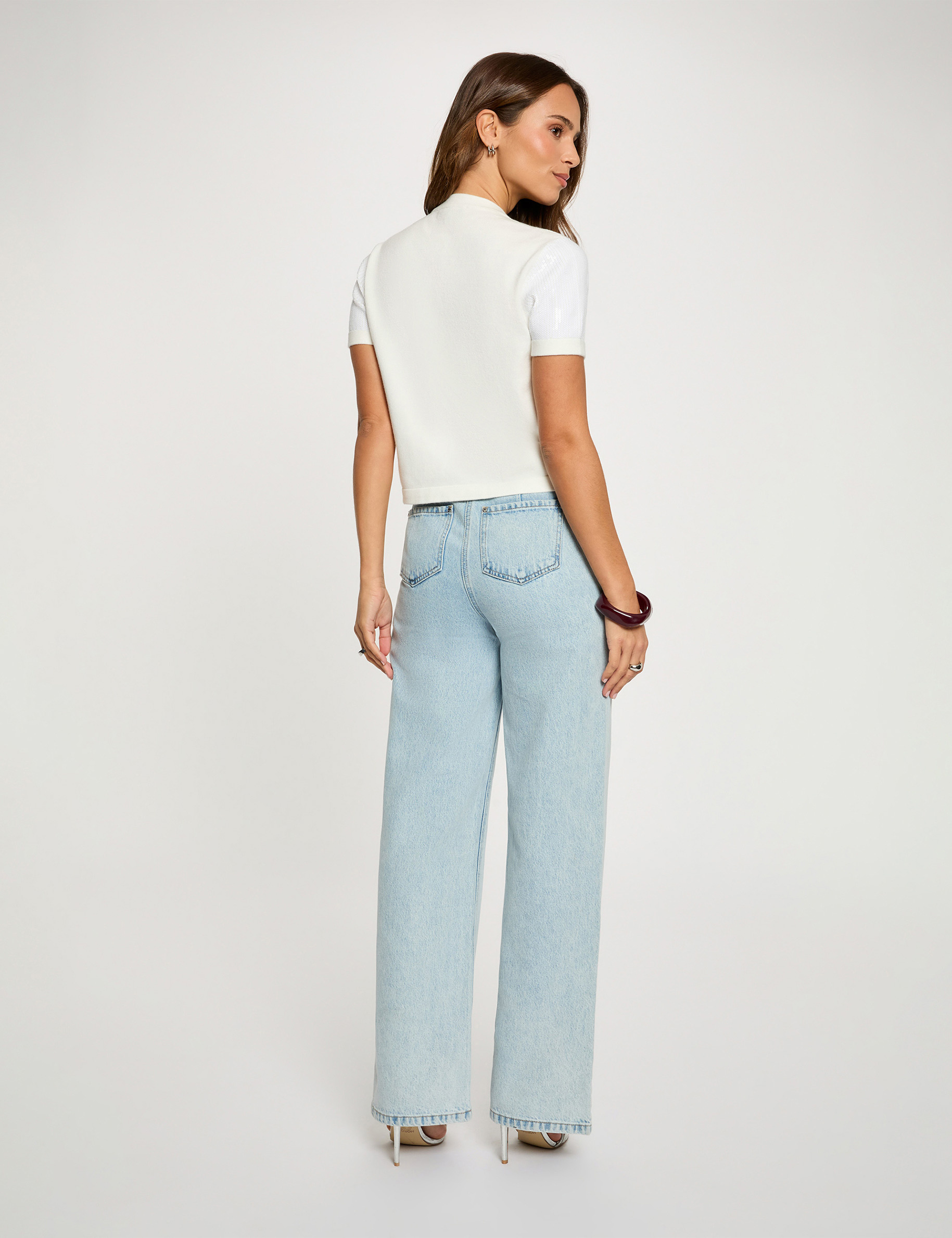 Vest met ronde hals en pailletten helder wit vrouw