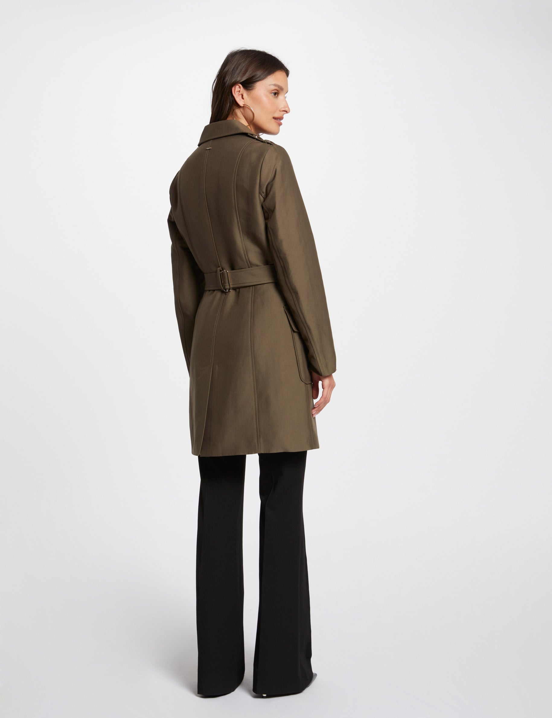 Trench long ceintur&eacute; vert kaki femme