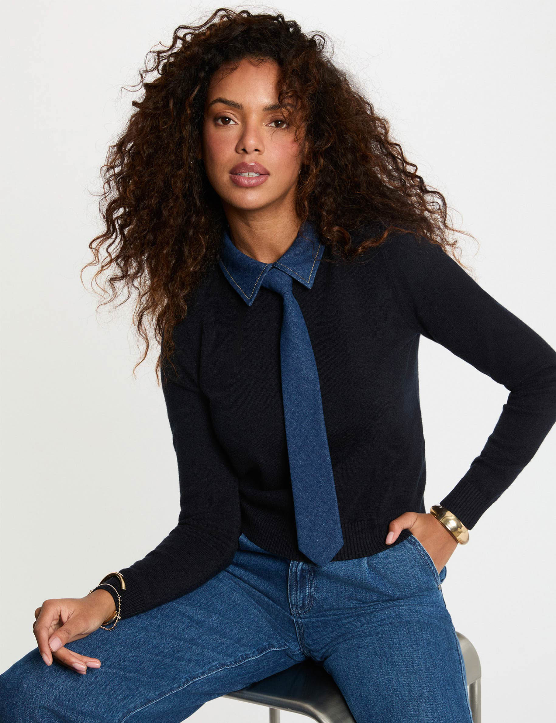 Pull col &agrave; revers bleu marine femme