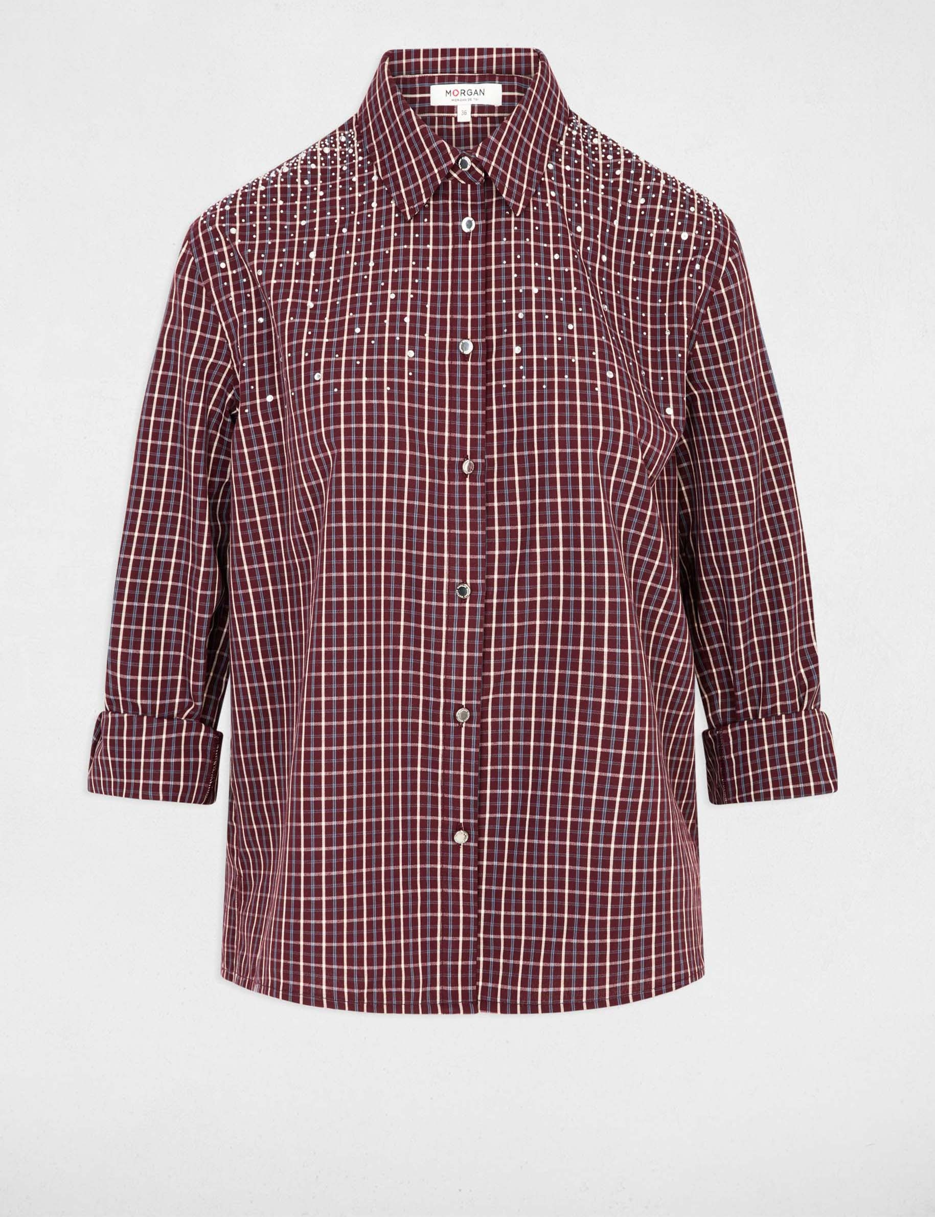 Chemise &agrave; carreaux strass bordeaux femme