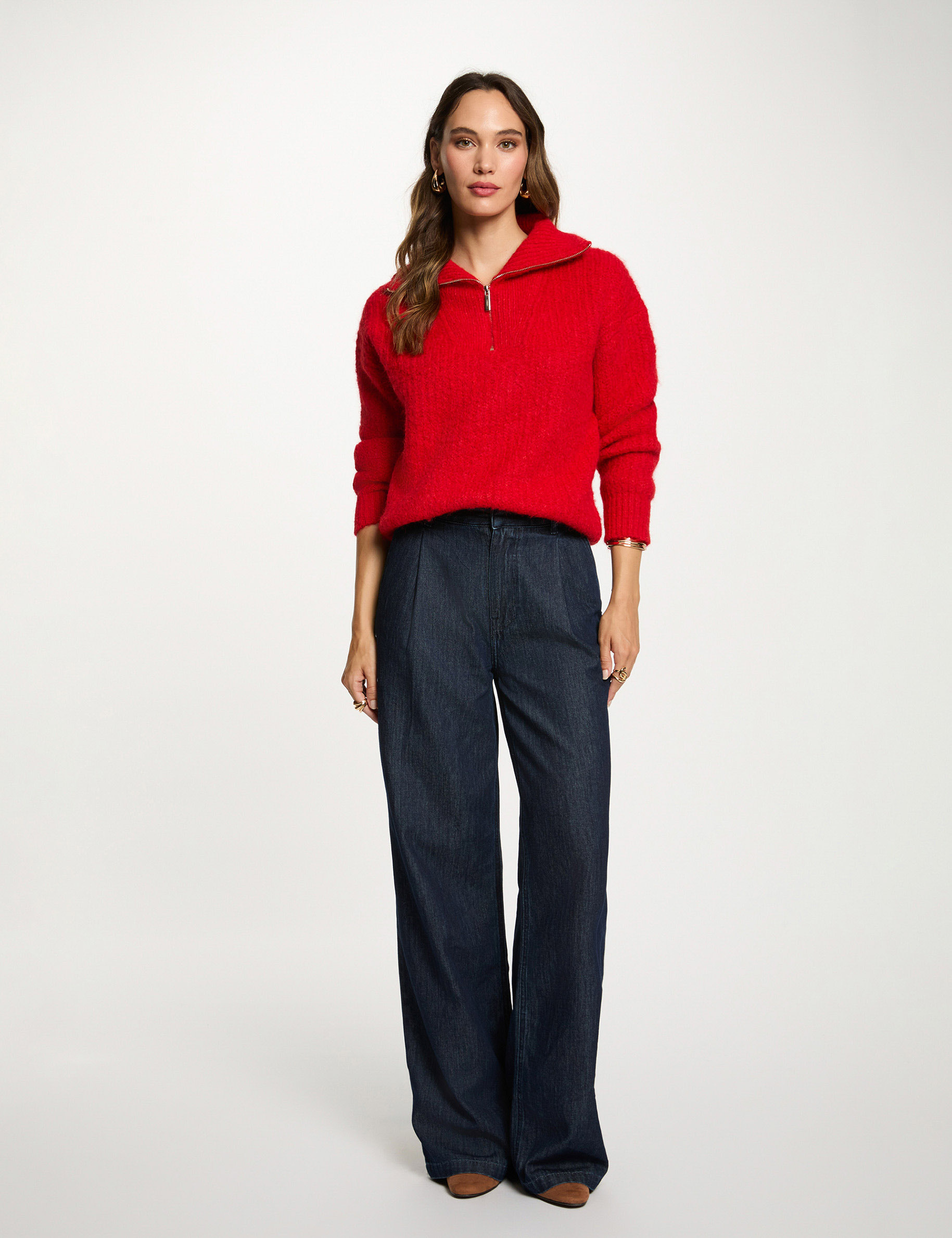 Pull col camionneur rouge femme