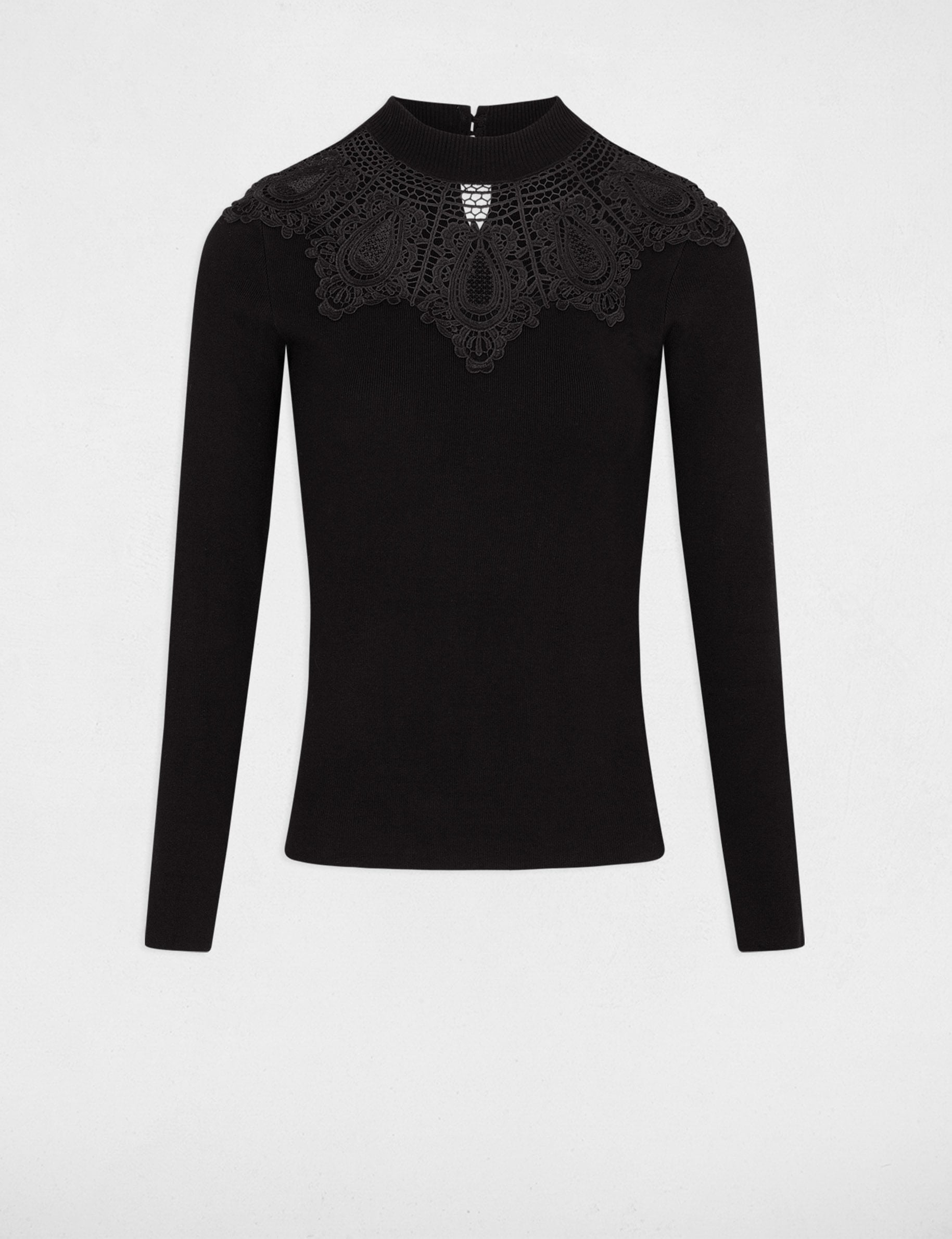 Pull col montant &agrave; dentelle noir femme