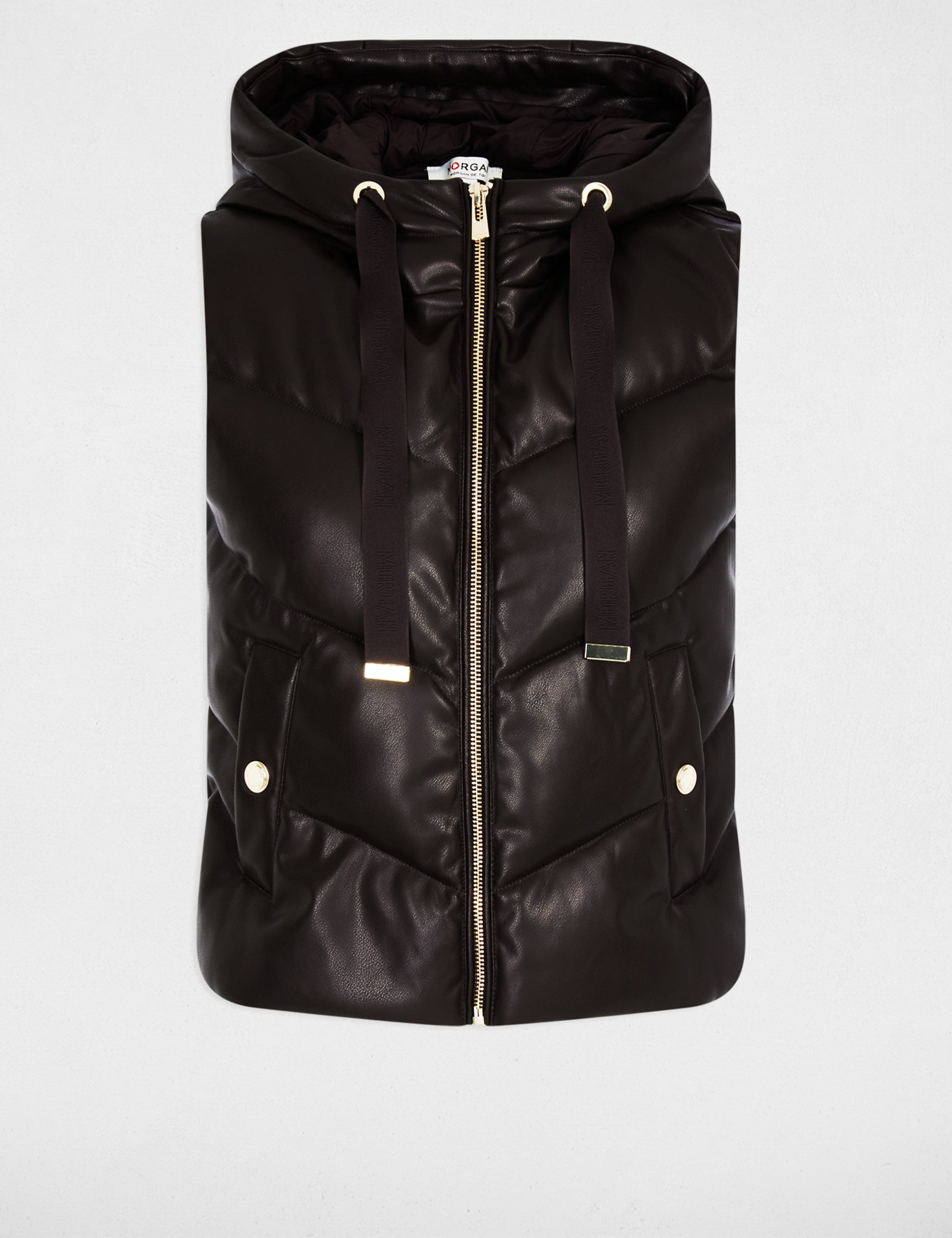 Doudoune droite &agrave; capuche simili cuir marron fonc&eacute; femme
