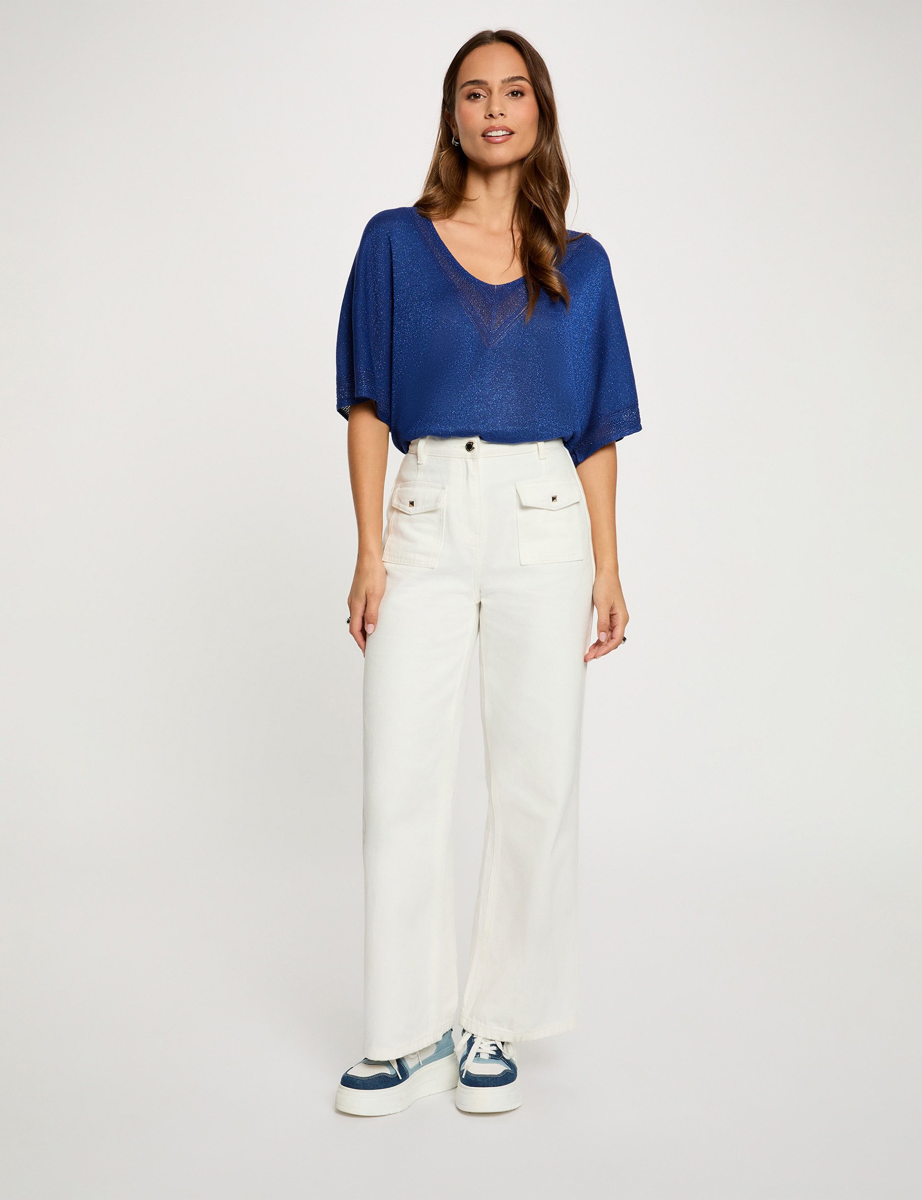 Pull col en V manches courtes bleu marine femme