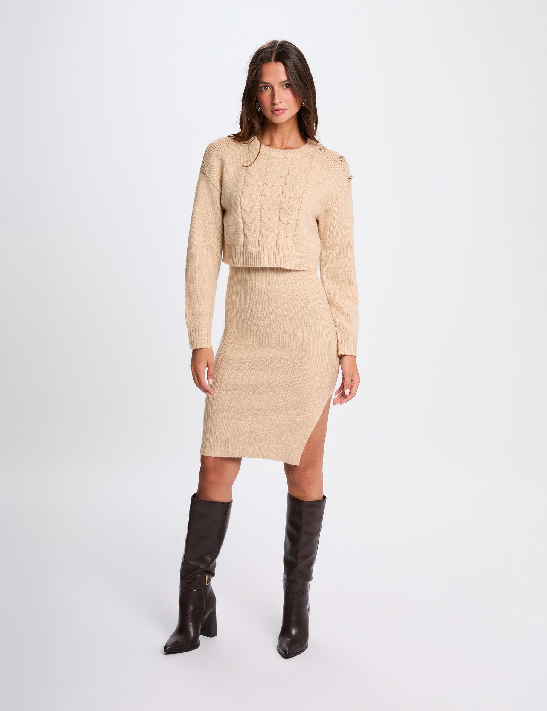 Robe tricot ajustée 2-en-1 beige femme