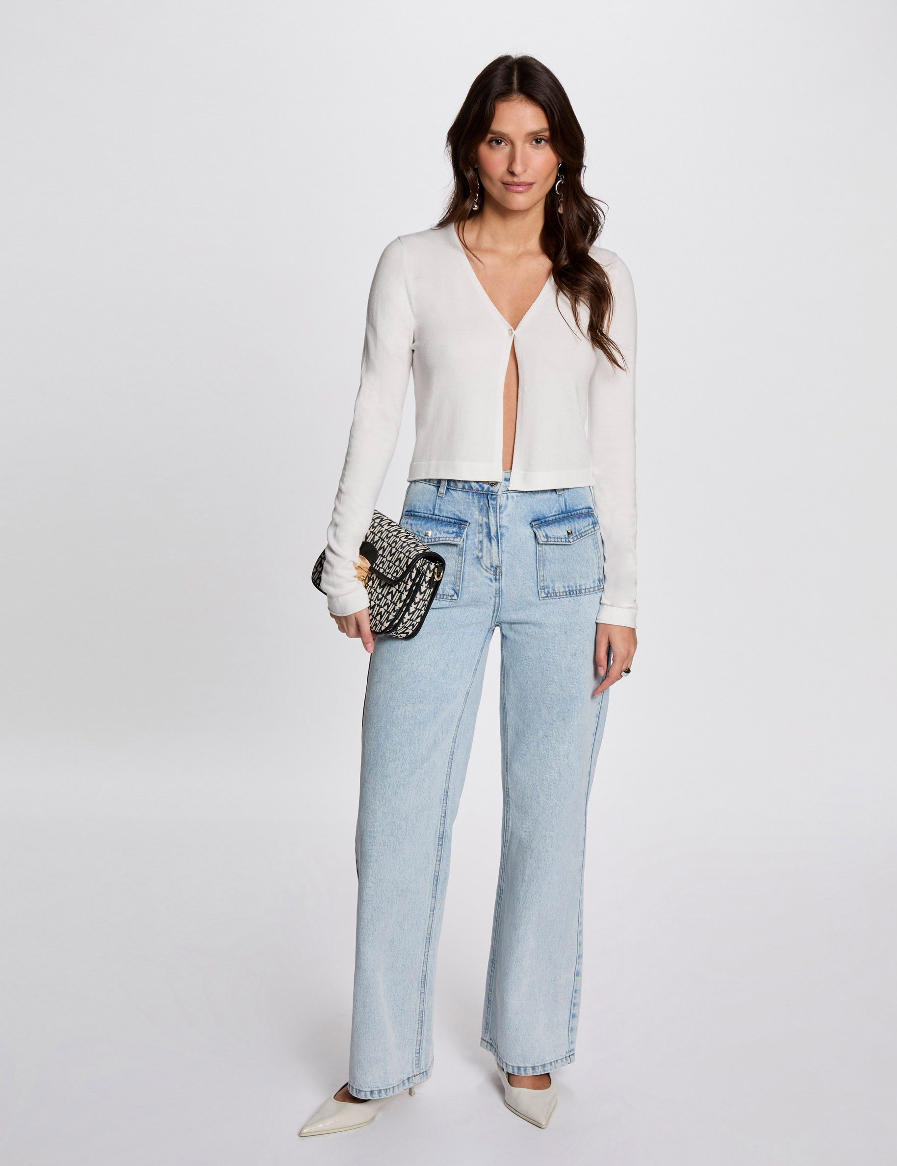 Gilet manches longues &agrave; col en V blanc femme