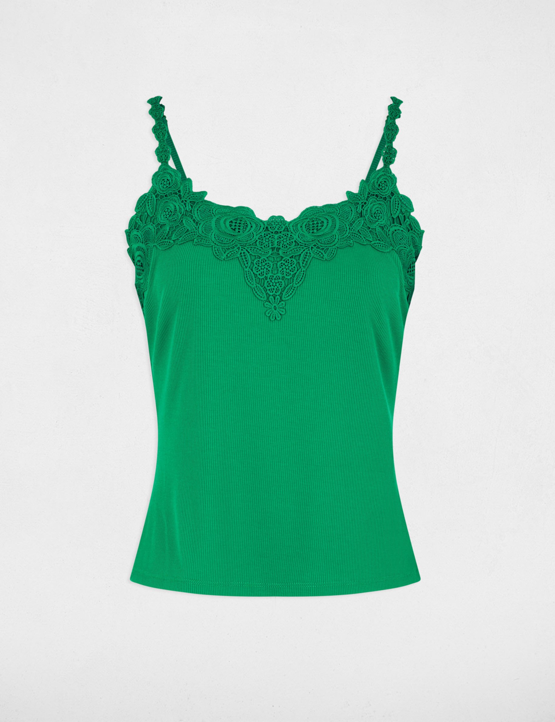 D&eacute;bardeur dentelle encolure carr&eacute;e vert prairie femme