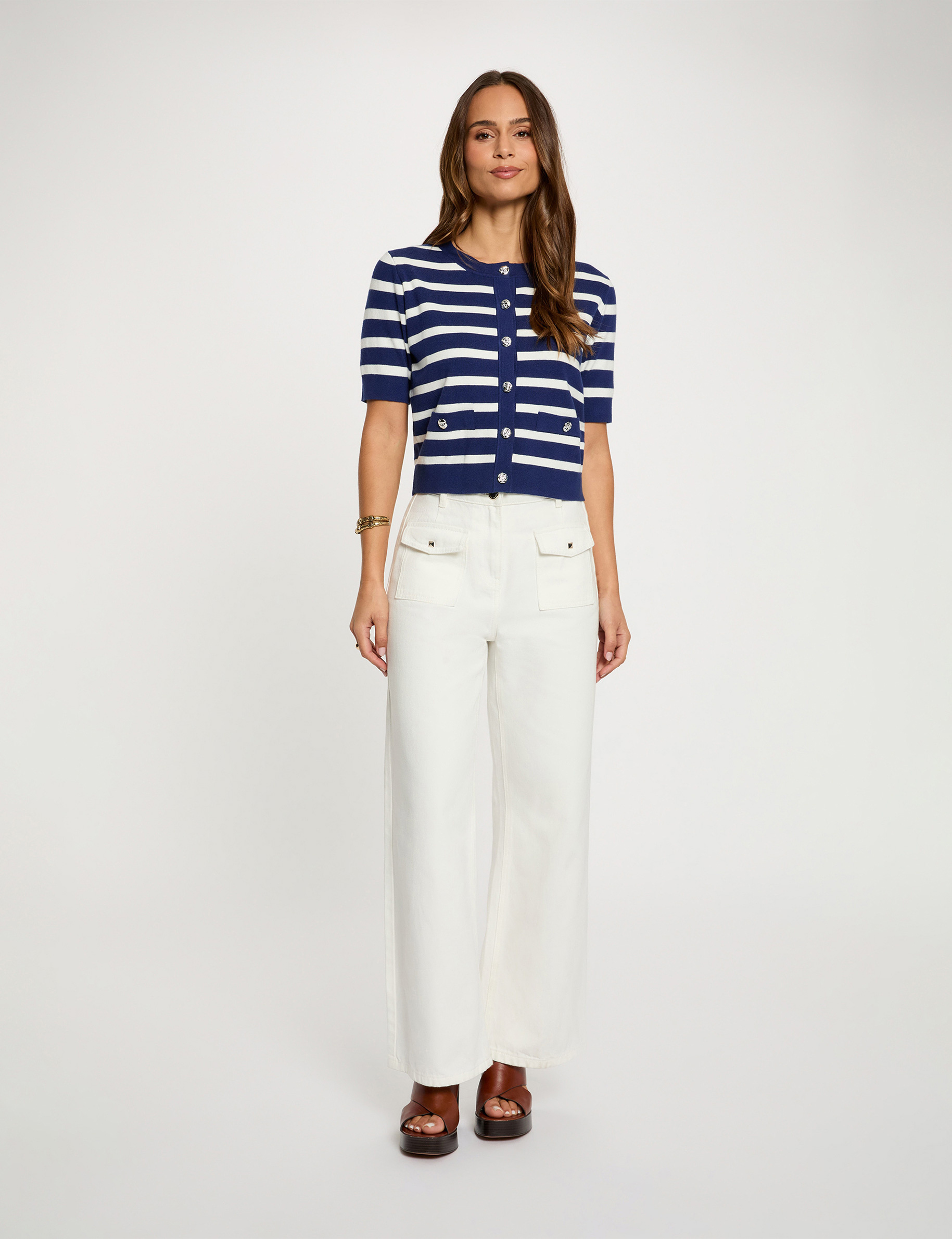 Gilet ray&eacute; manches courtes bleu marine femme