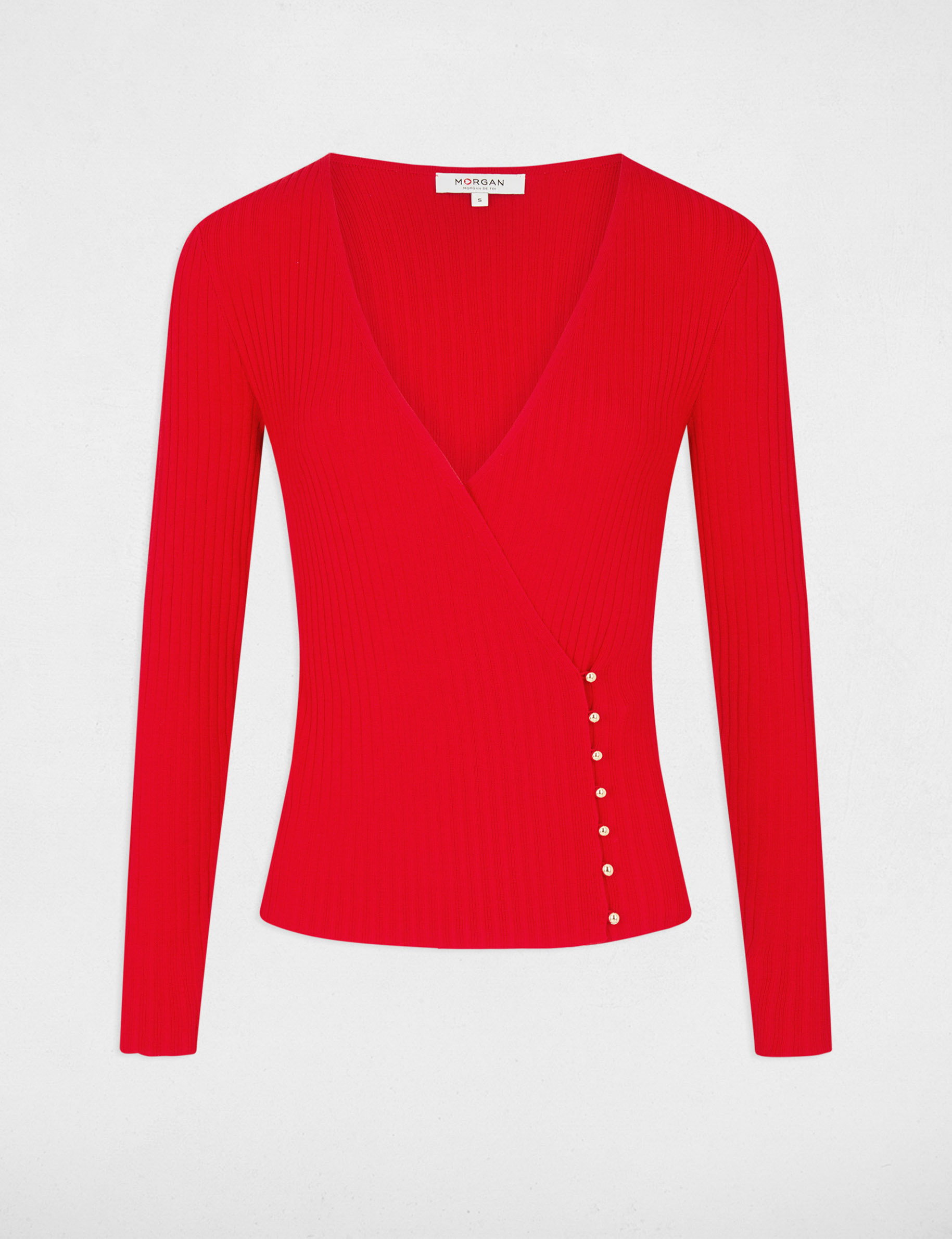 Pull manches longues col cache-coeur rouge femme