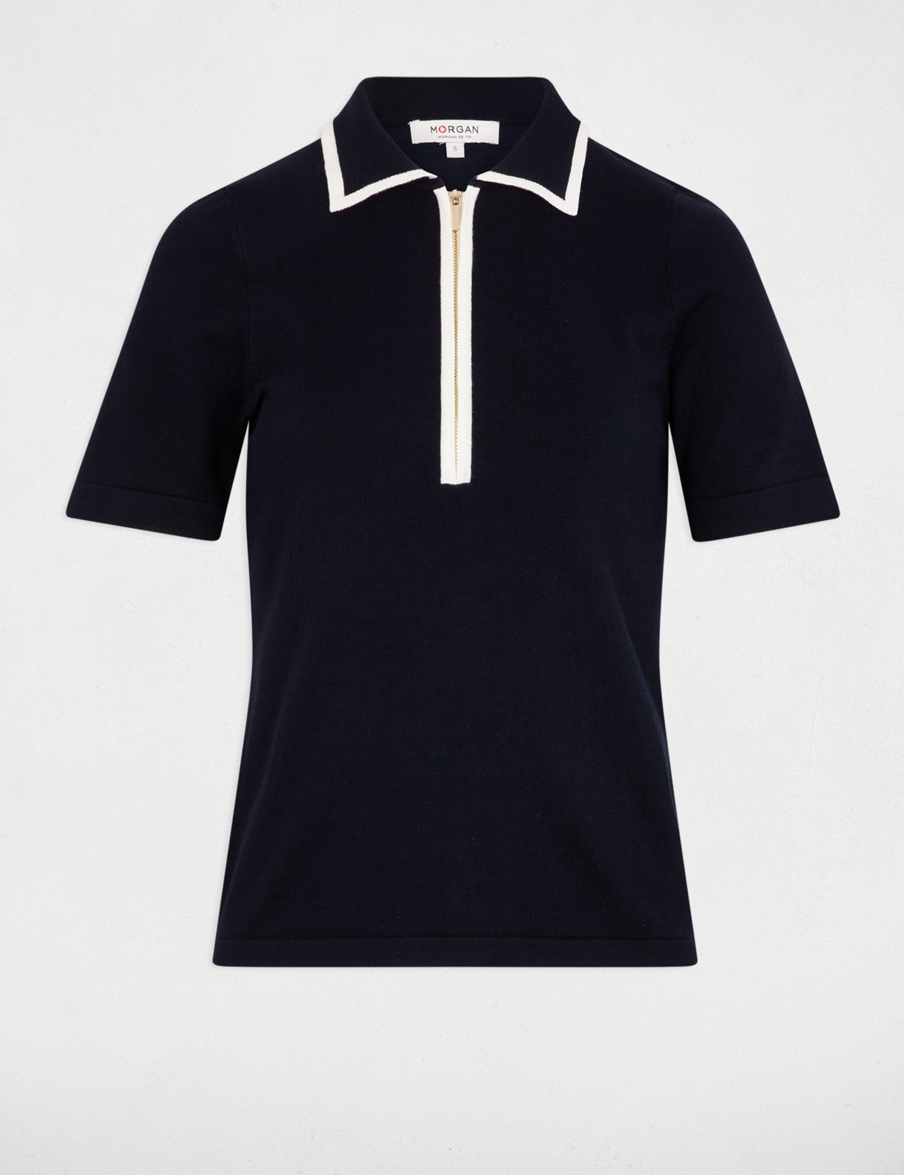 pull col polo zippe bleu marine femme Pull col polo zippé bleu marine femme