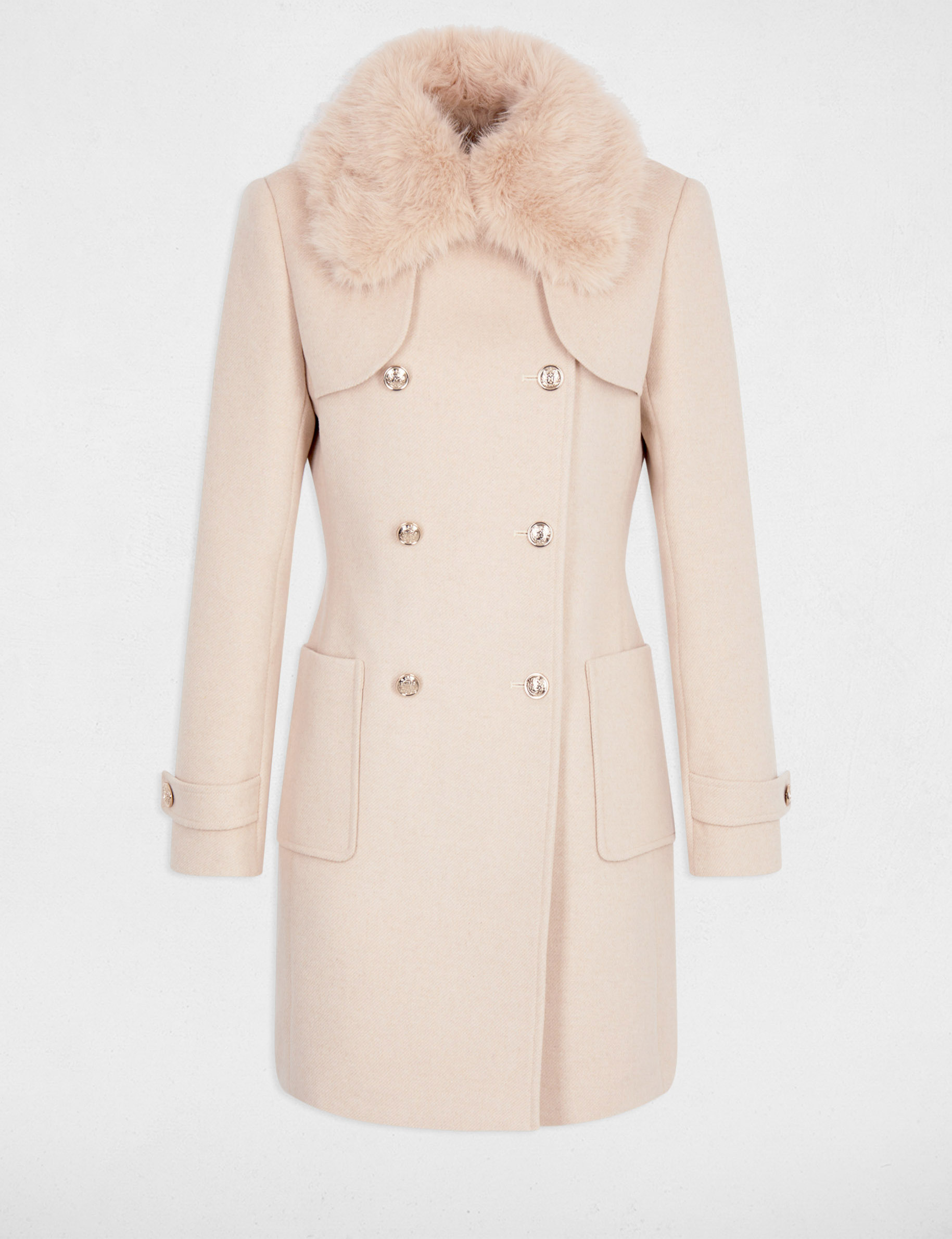 rechte jas met bontkraag beige vrouw Rechte jas met bontkraag beige vrouw