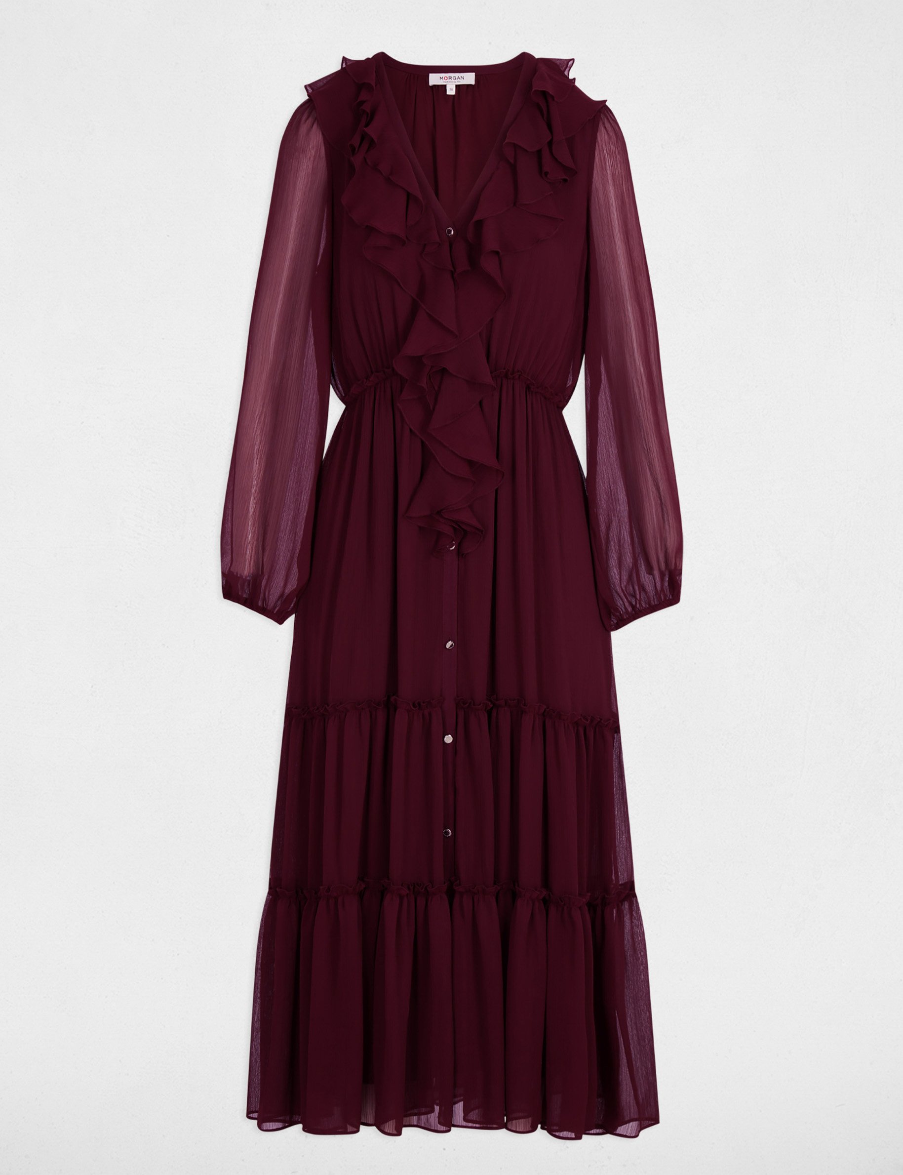 Lange, vloeiende jurk pruim vrouw