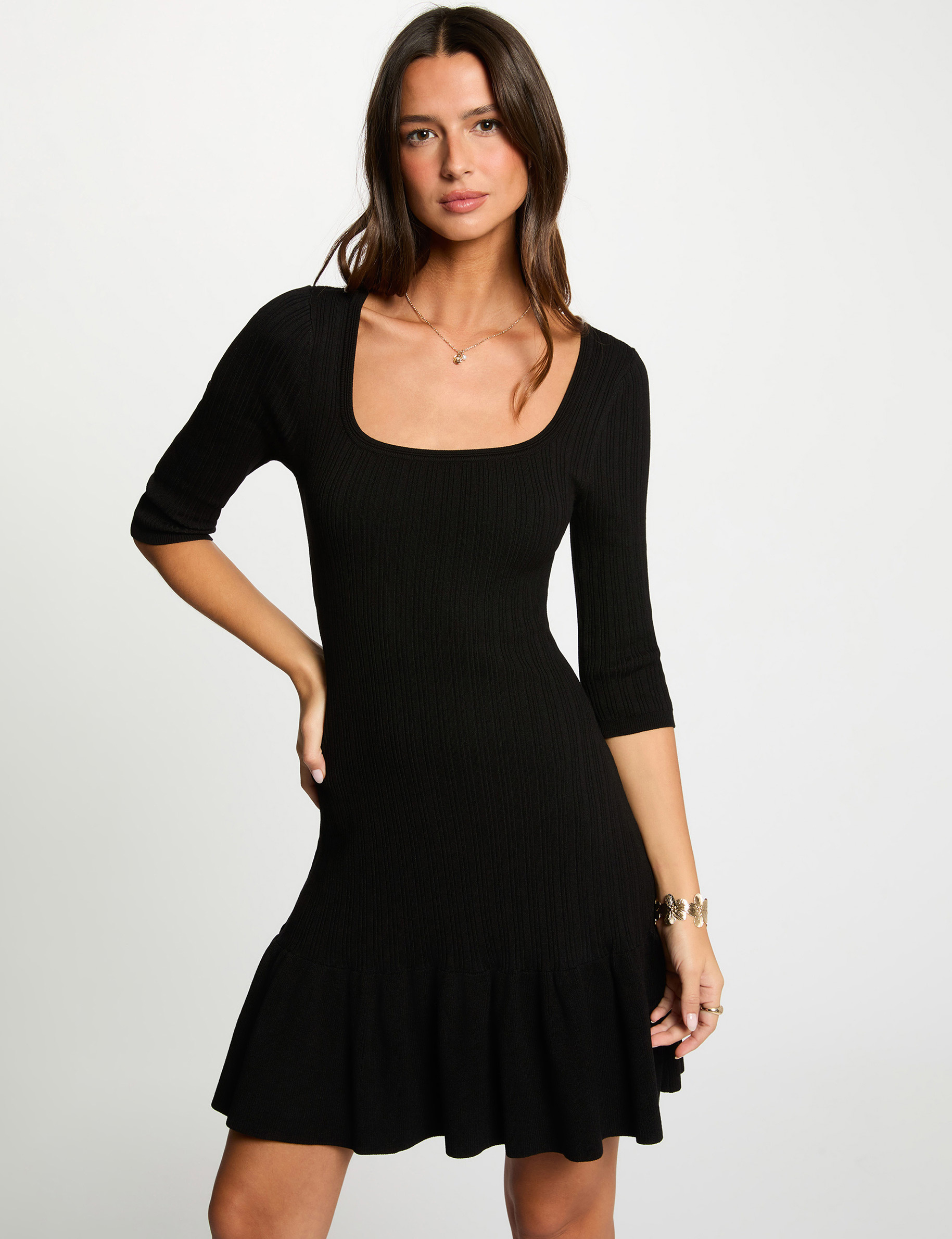 Robe tricot manches 3/4 noir femme