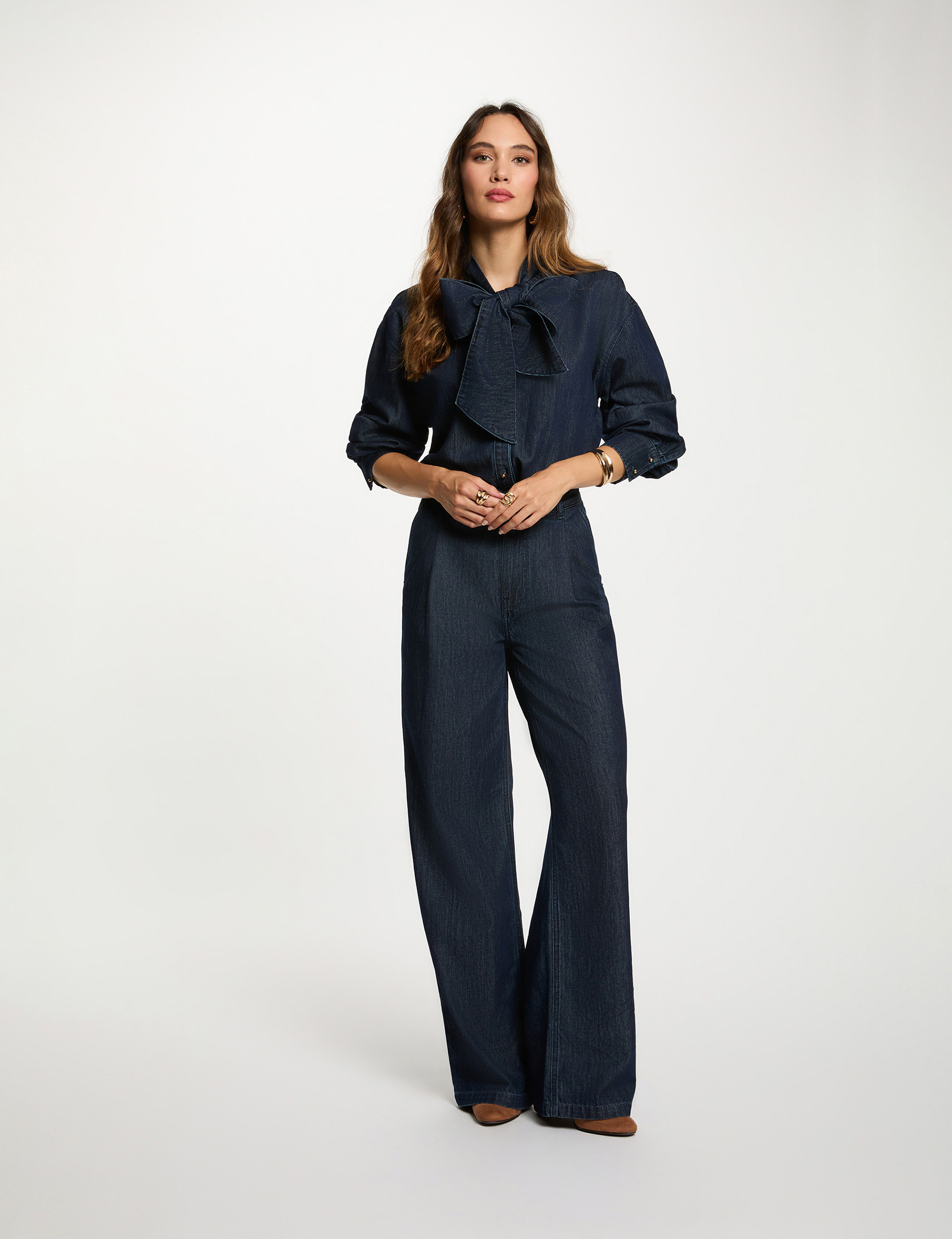 Hoge taille wijde broek ruw denim vrouw