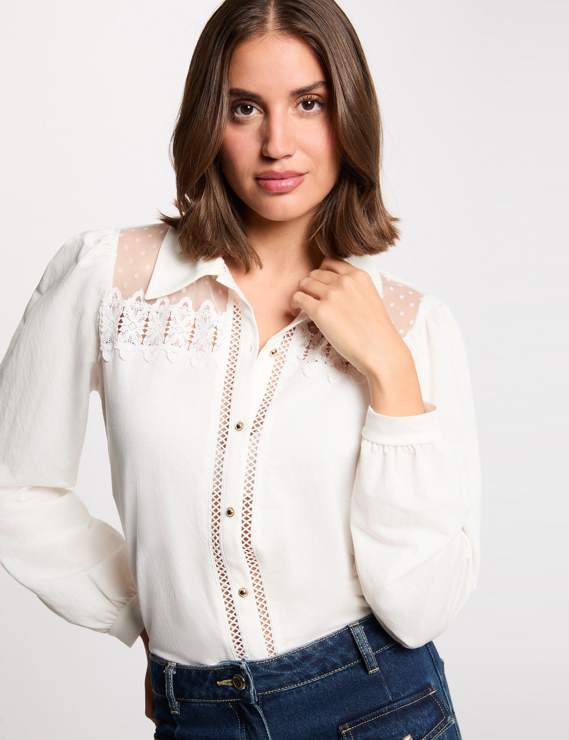 T-shirt dentelle manches longues blanc femme