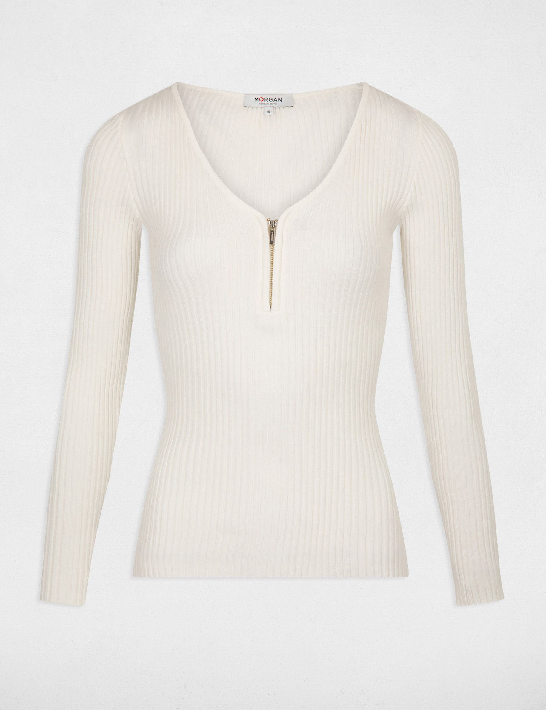 Ribgebreide trui met lange mouwen ecru vrouw