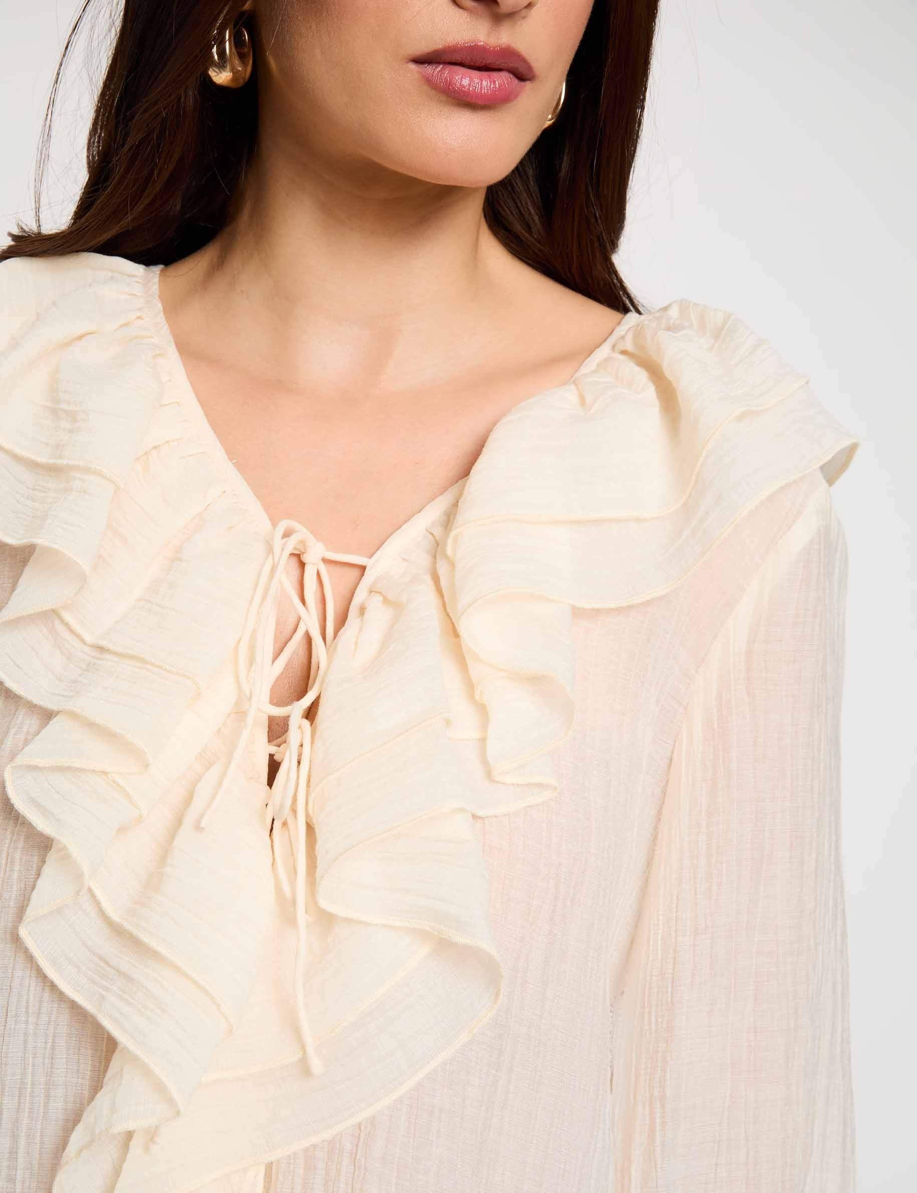 Geplooide V-hals blouse ivoor vrouw