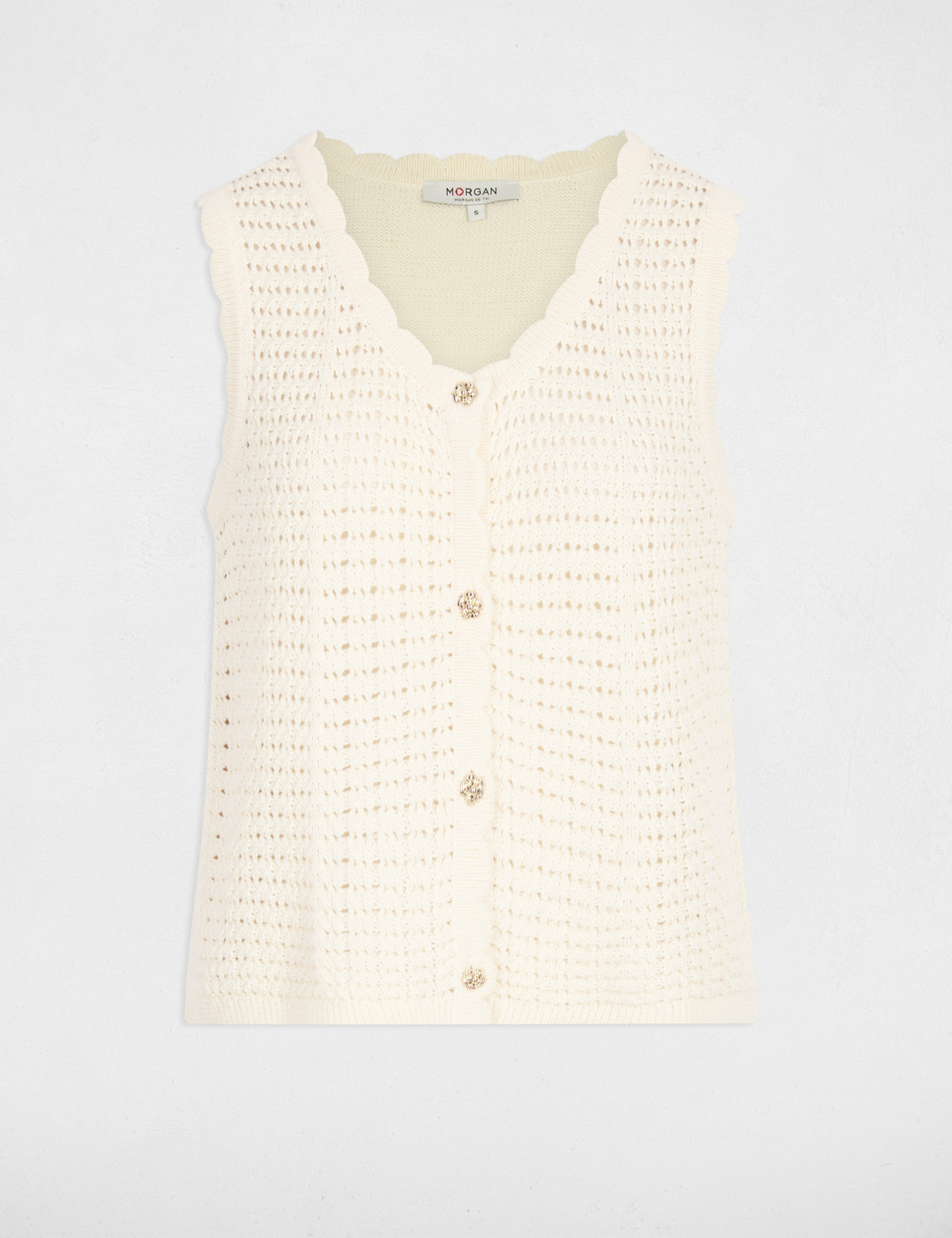 Mouwloos opengewerkt vest ivoor vrouw