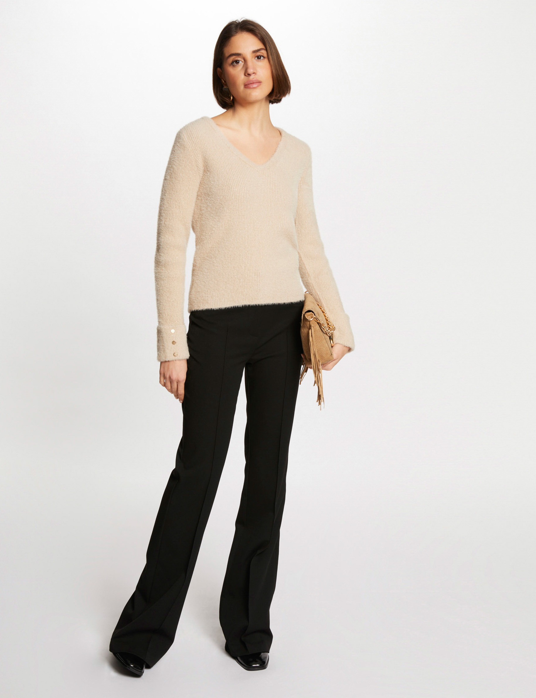 pull manches longues avec col en v taupe femme Pull manches longues avec col en V taupe femme