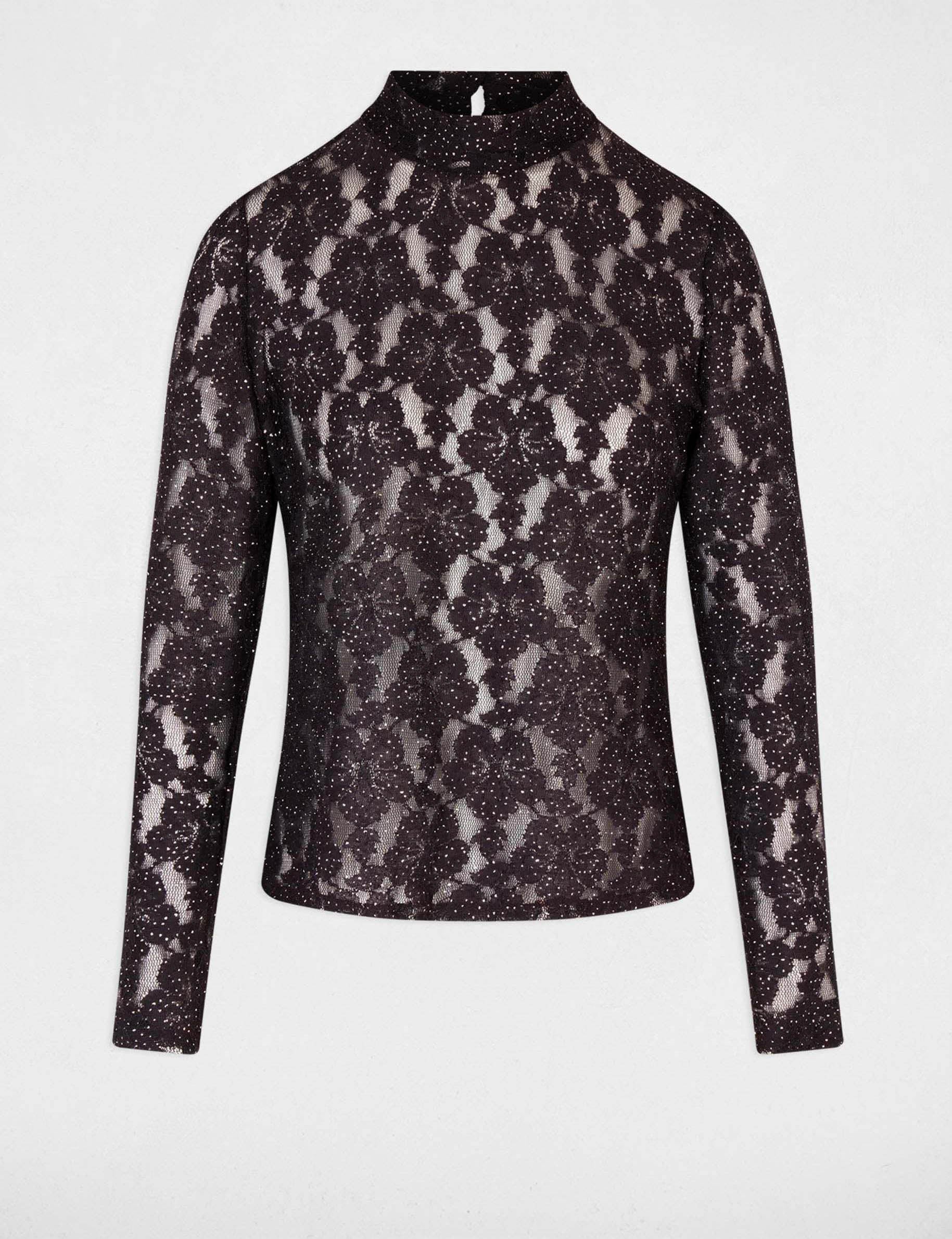 Kant T-shirt met opengewerkt patroon donker bruin vrouw