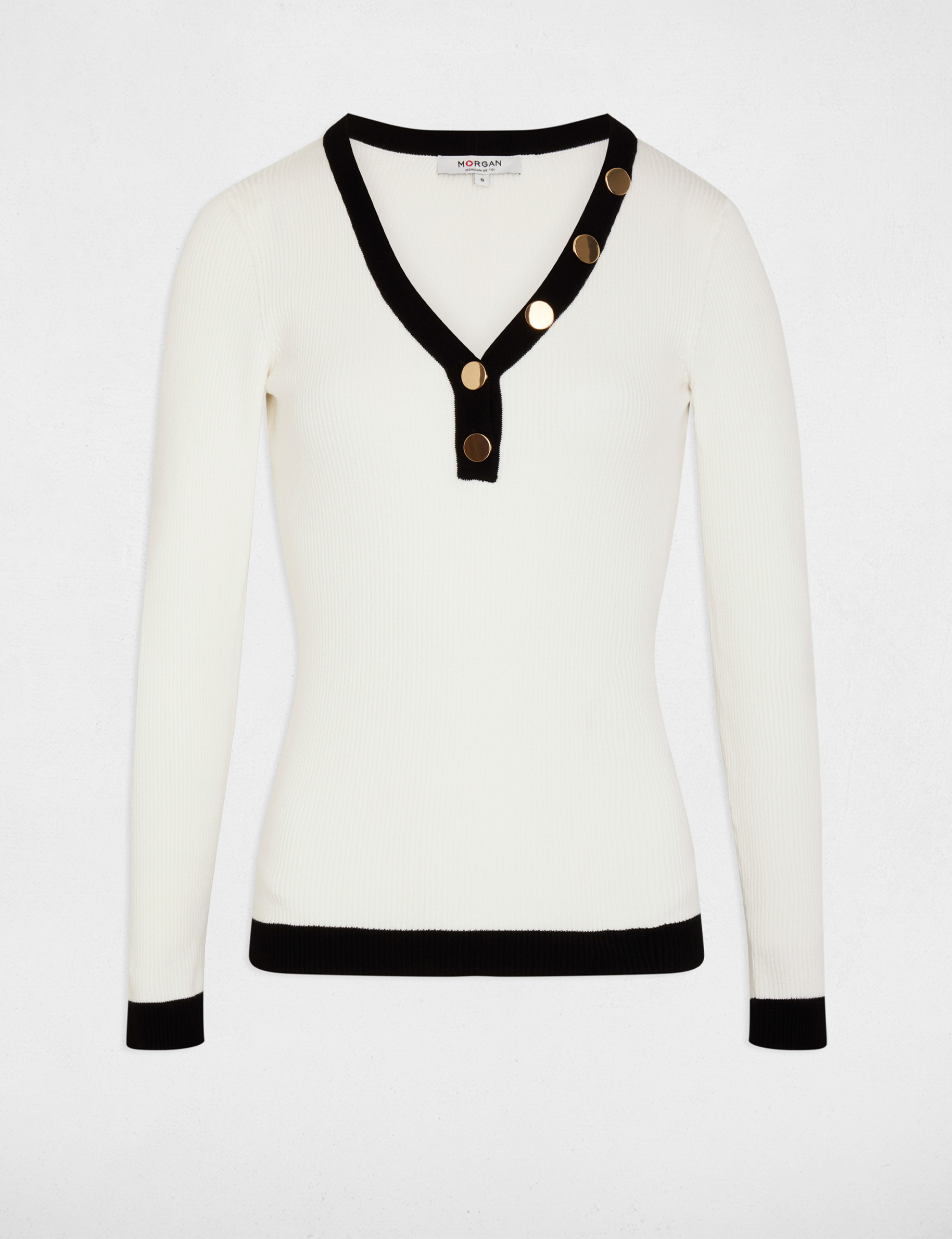 Pull ajusté col v blanc femme