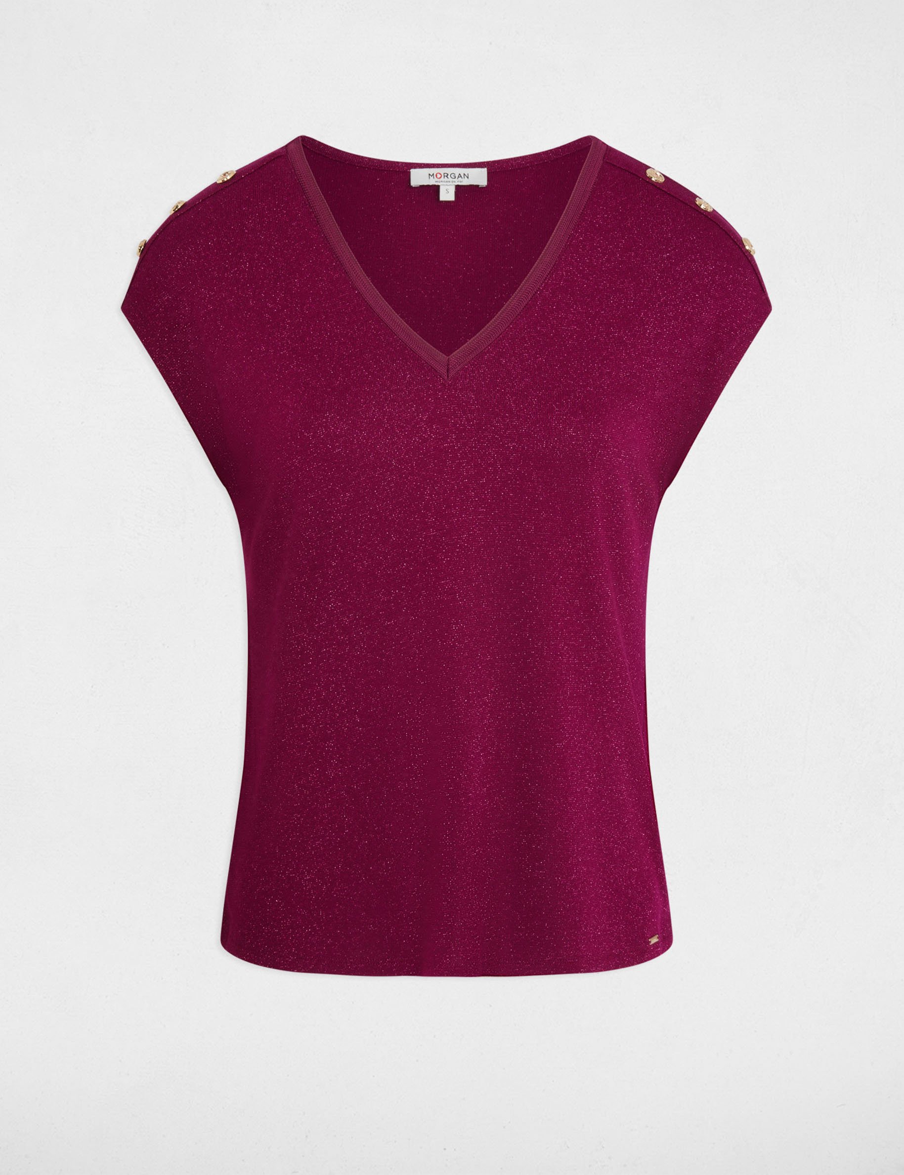 T-shirt col v boutons prune femme