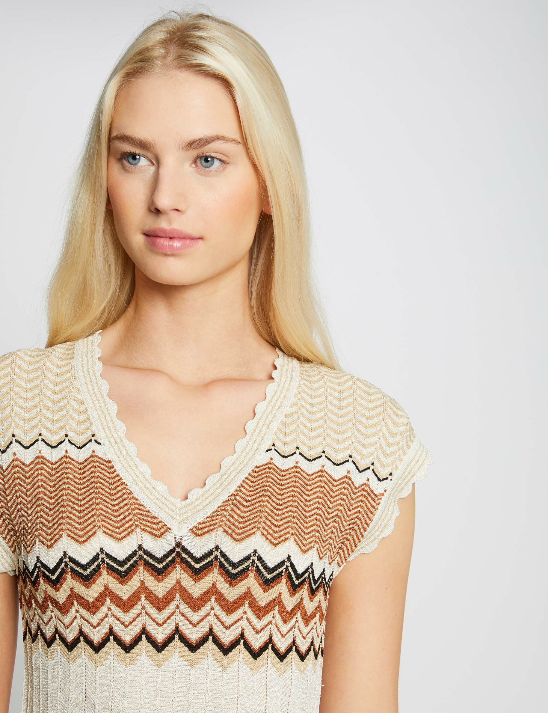Robe pull longue droite &agrave; rayures marron cognac femme