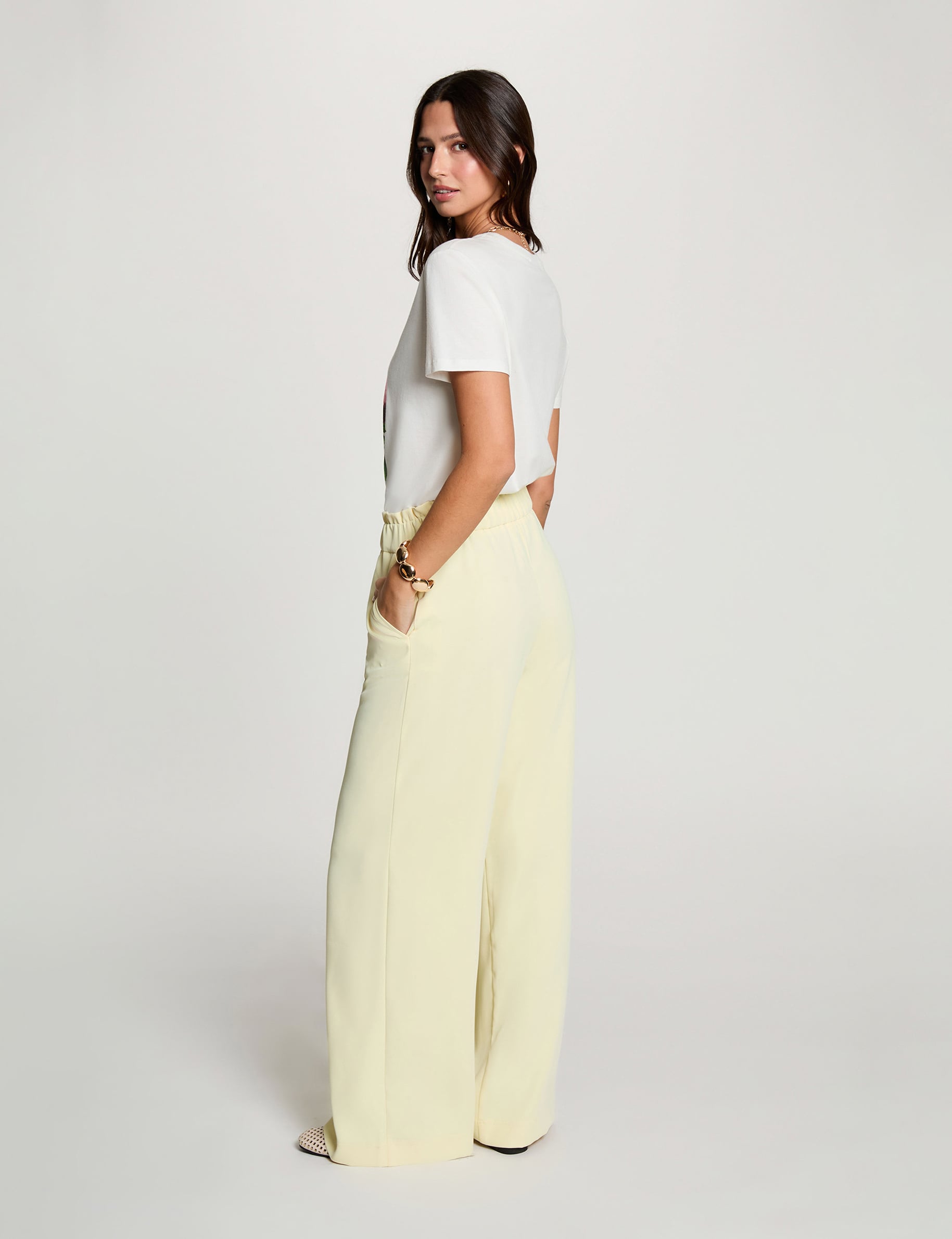 Pantalon large taille haute jaune pastel femme