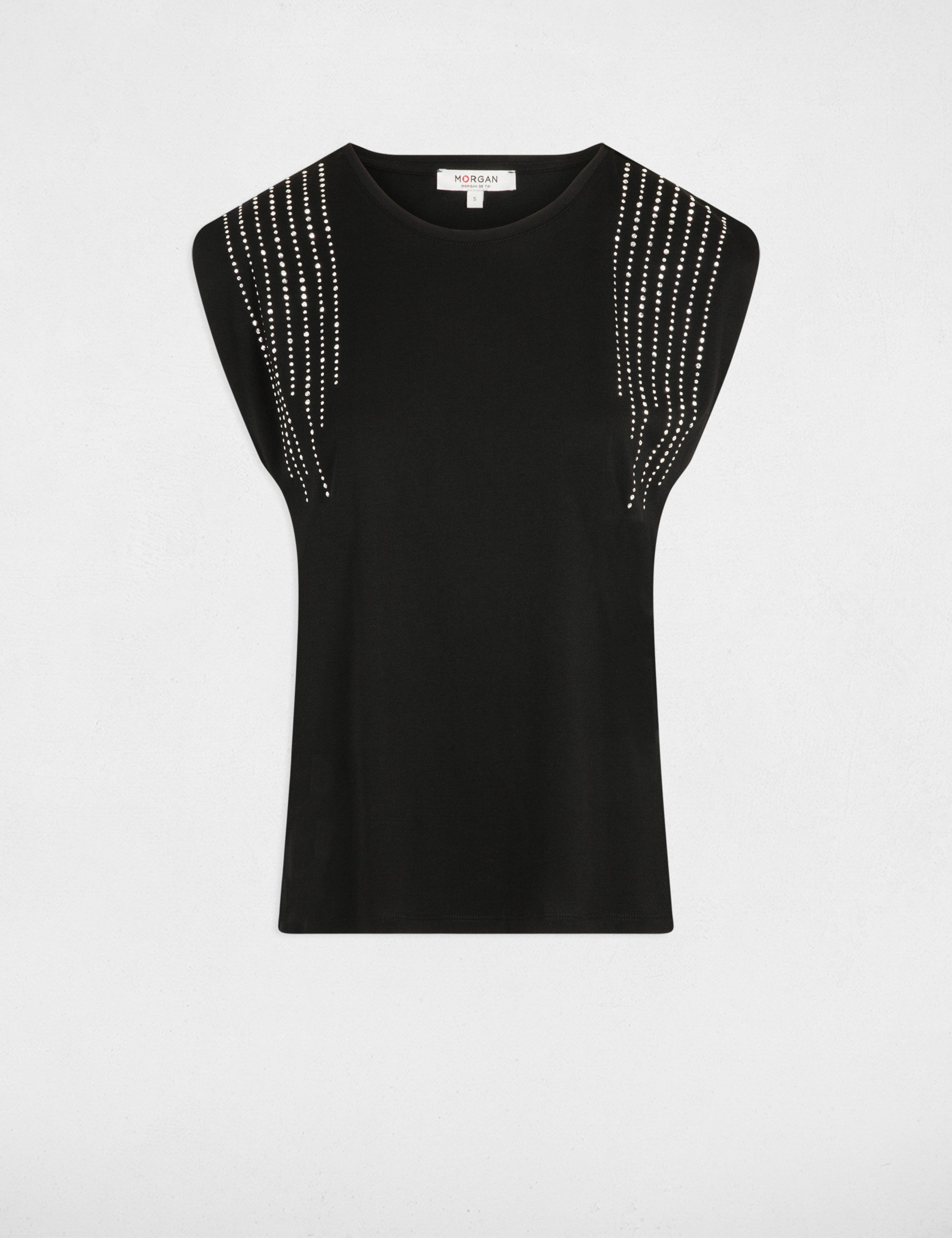 T-shirt manches courtes strass noir femme