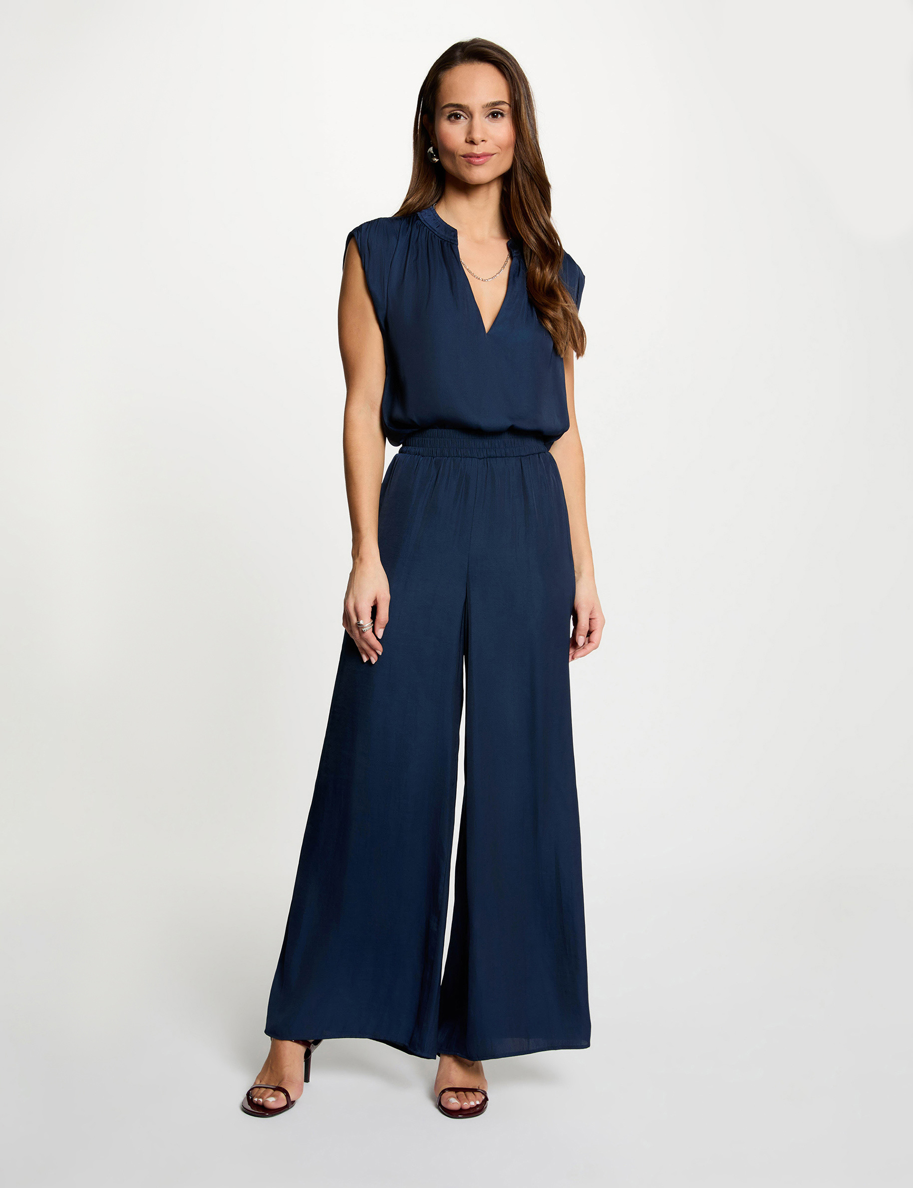 Blouse met korte mouwen marineblauw vrouw