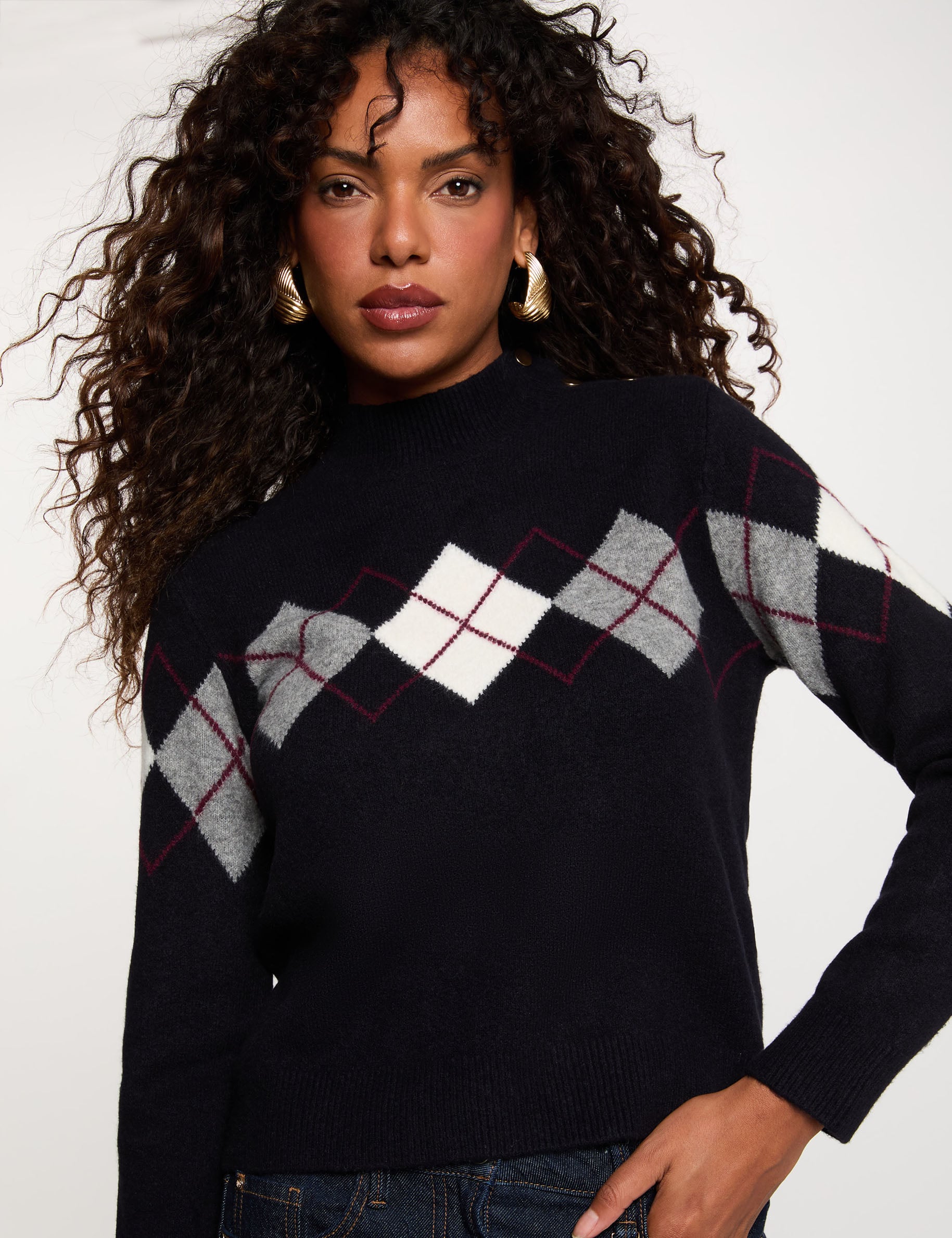 Jacquard trui met opstaande kraag marineblauw vrouw