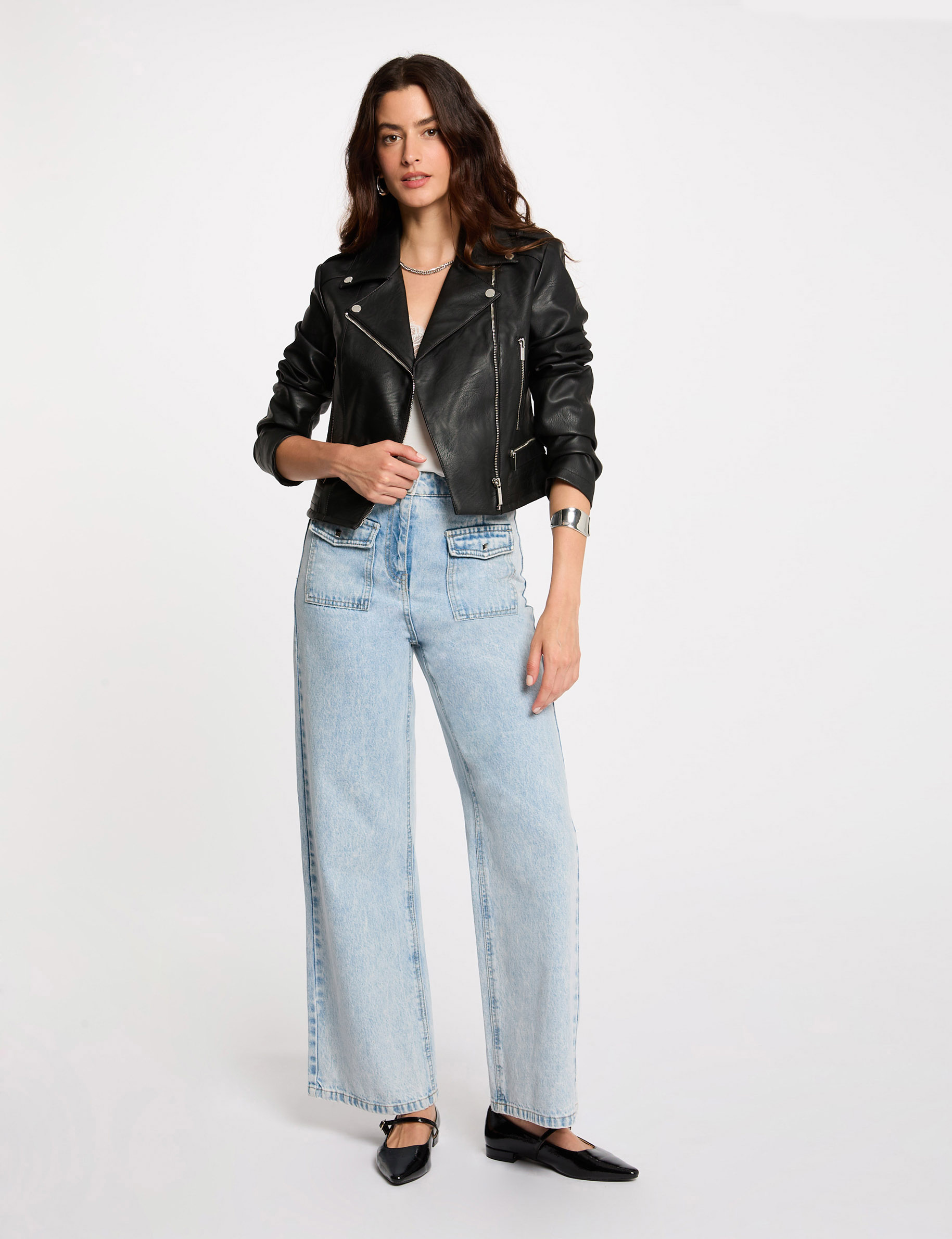 Blouson cintr&eacute; similicuir noir femme