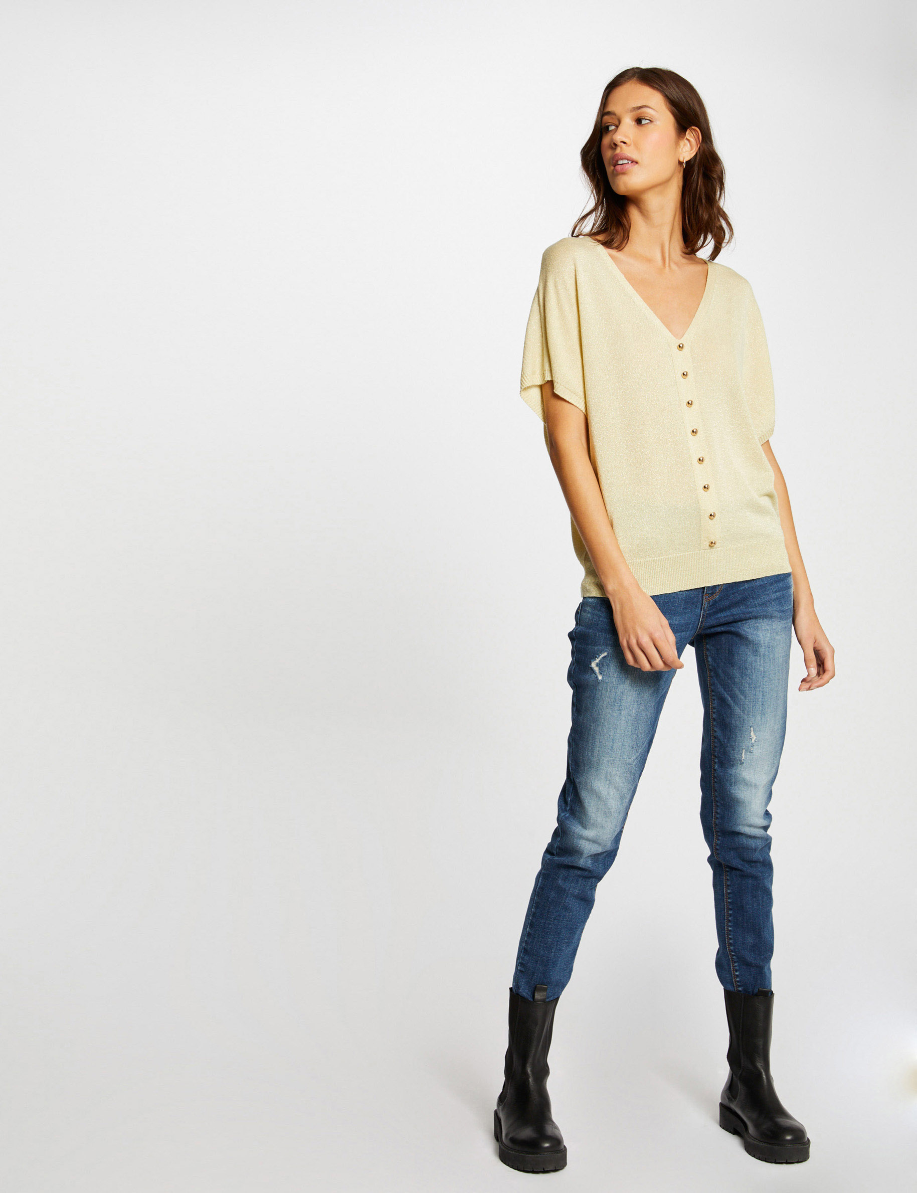 Pull manches courtes avec boutons jaune paille femme