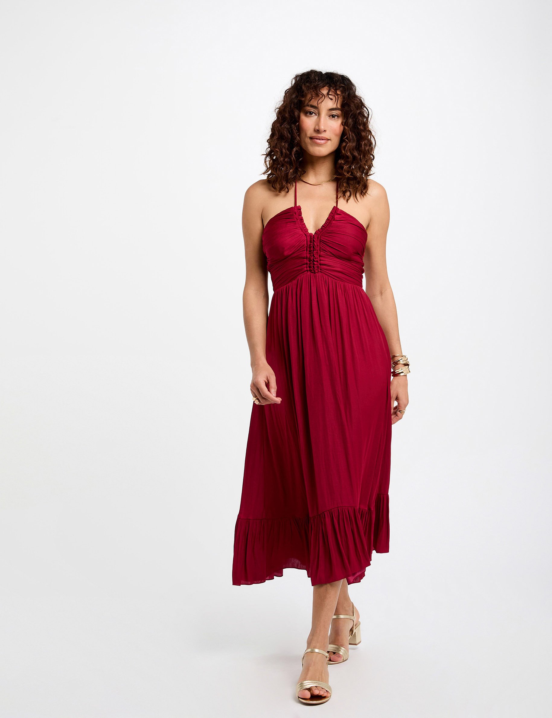 rechte midi jurk met satijnen effect donker rood vrouw Rechte midi-jurk met satijnen effect donker rood vrouw