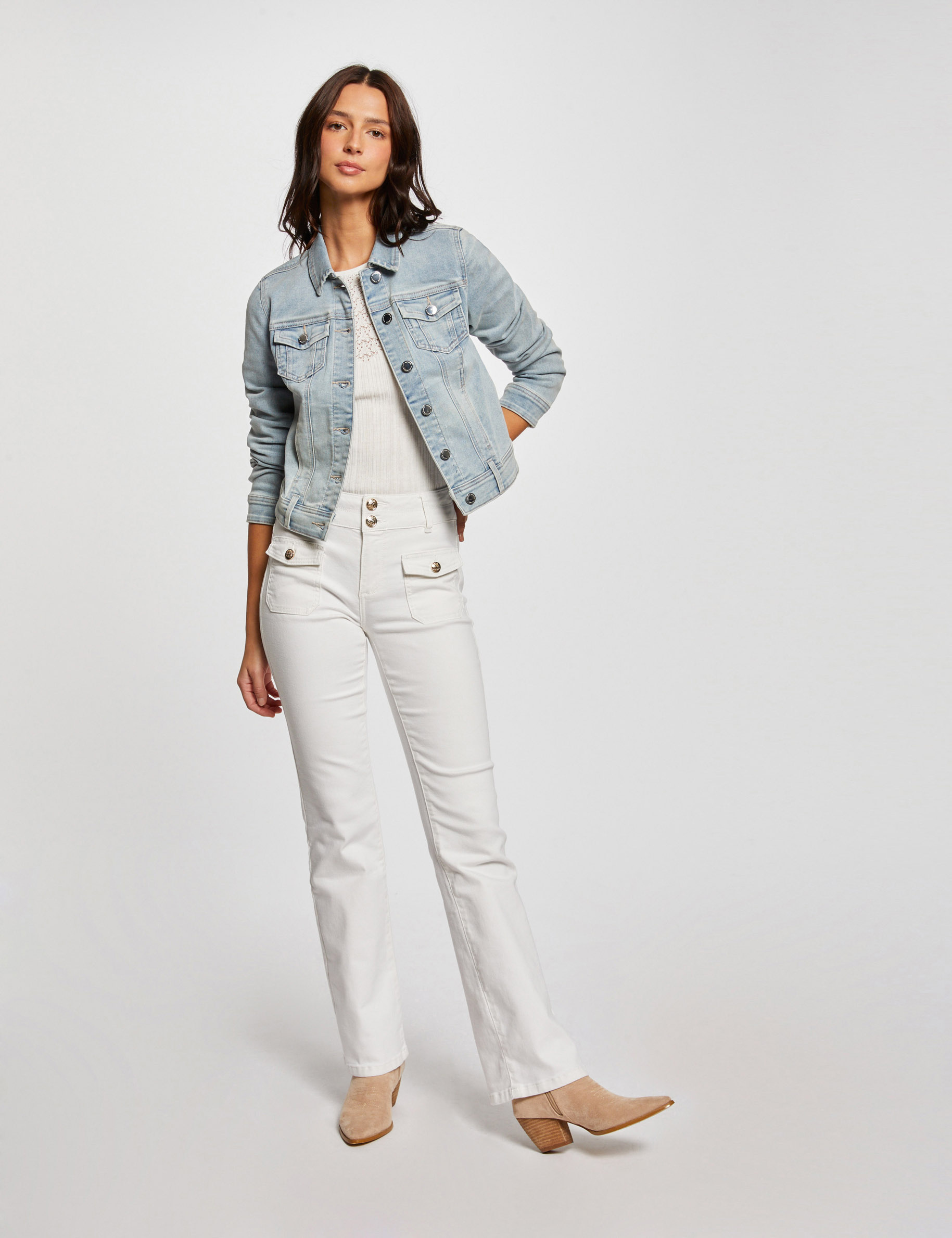 Rechte jeansjas met knopen jean bleached vrouw