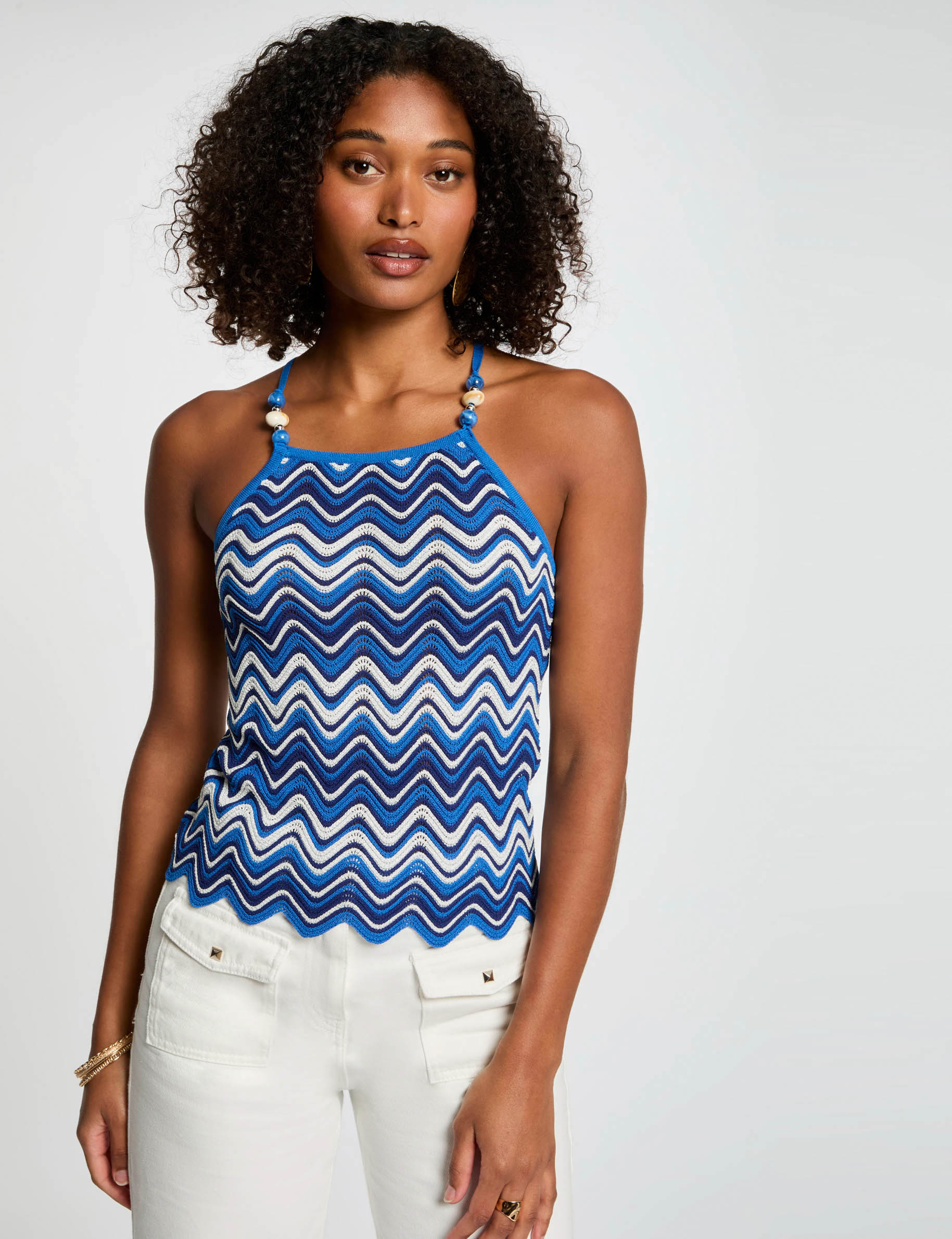 top en maille imprime bleu electrique femme Top en maille imprimé bleu electrique femme