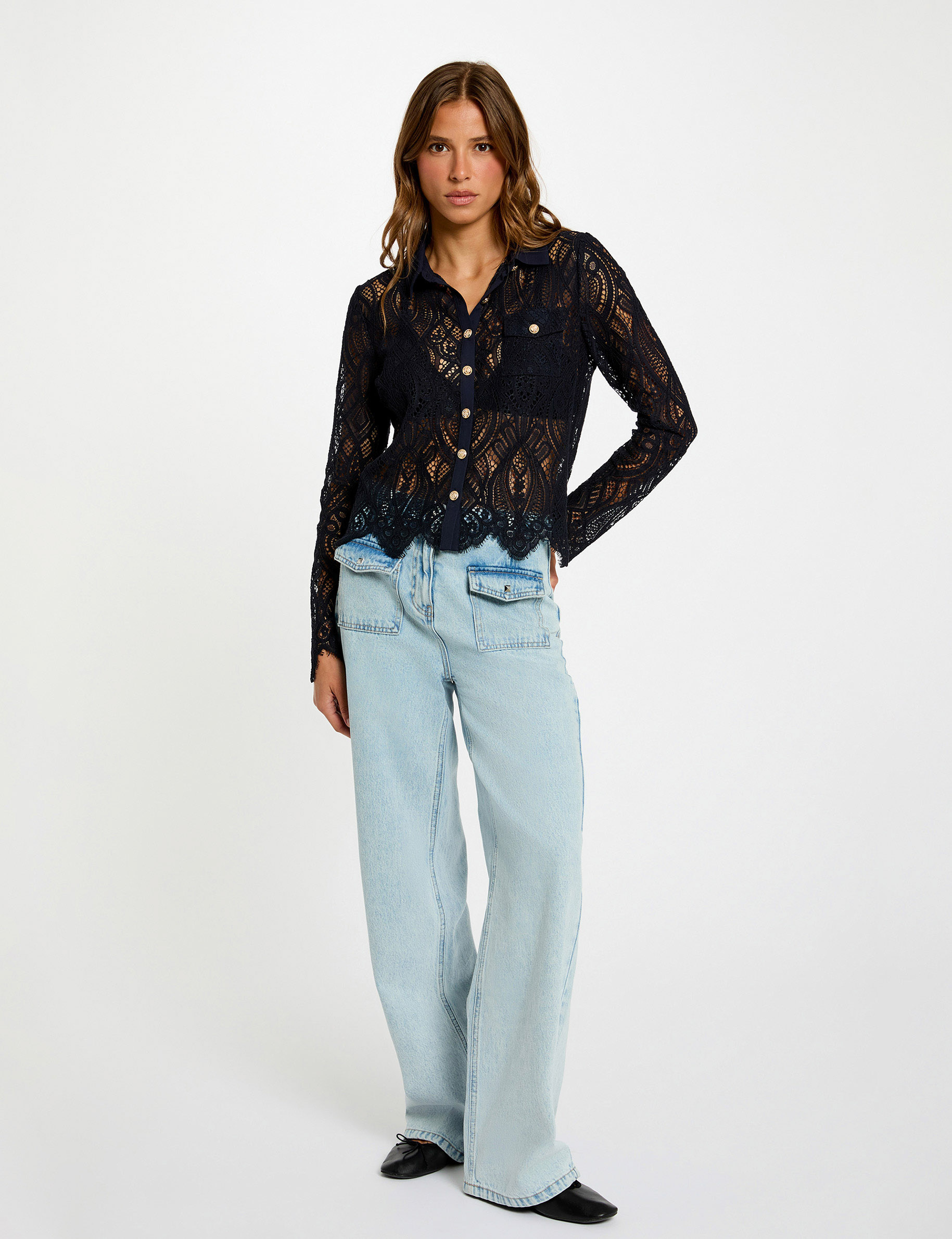 Korte kanten blouse marineblauw vrouw