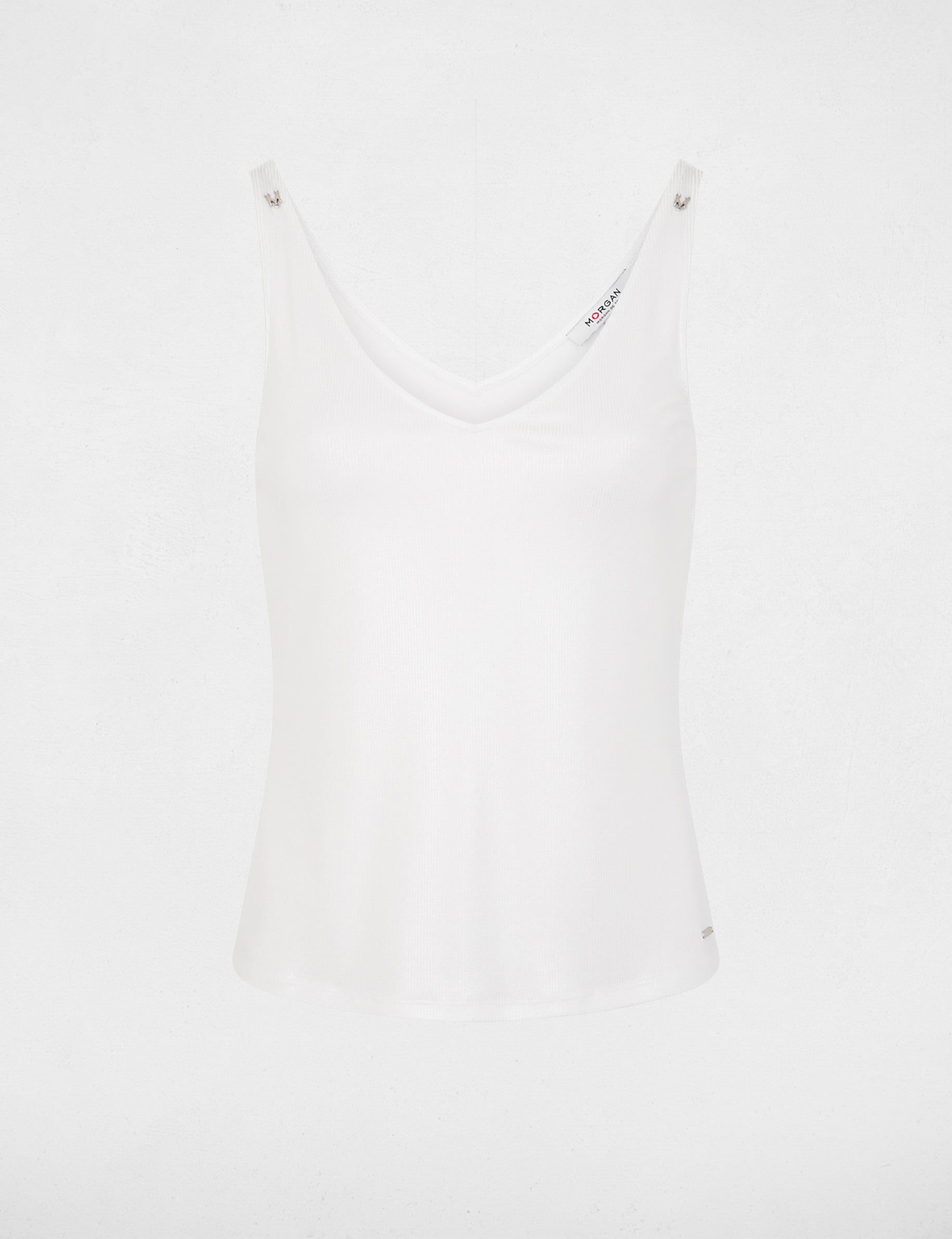 Glanzende V-hals tanktop helder wit vrouw