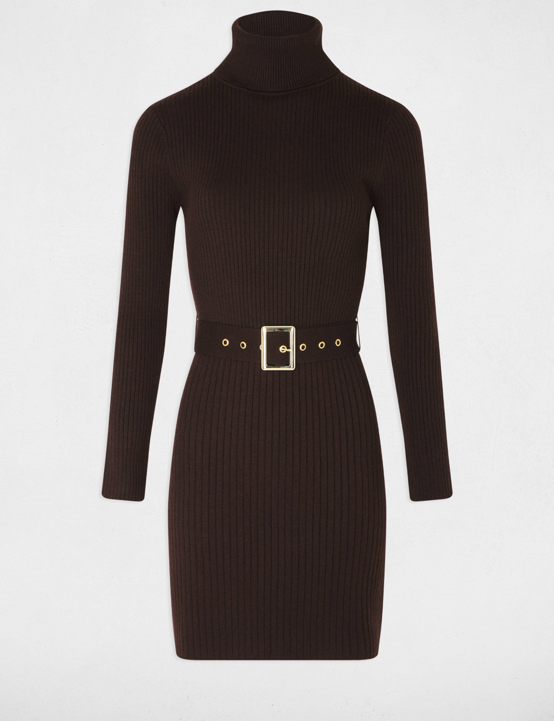 Gebreide jurk met coltrui donker bruin vrouw