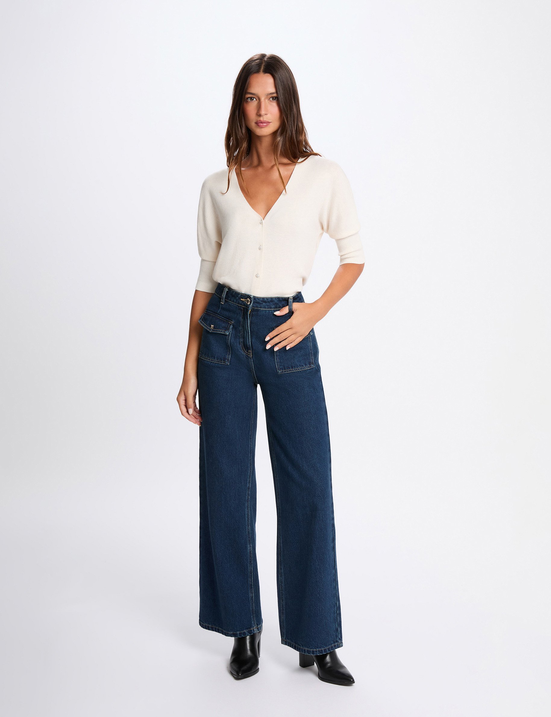 Gilet col en V manches longues ivoire femme