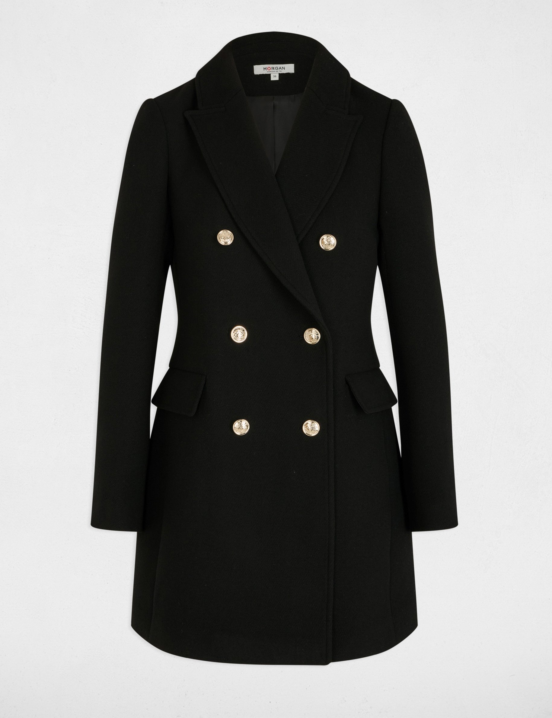 manteau mi long avec boutons noir femme Manteau mi-long avec boutons noir femme