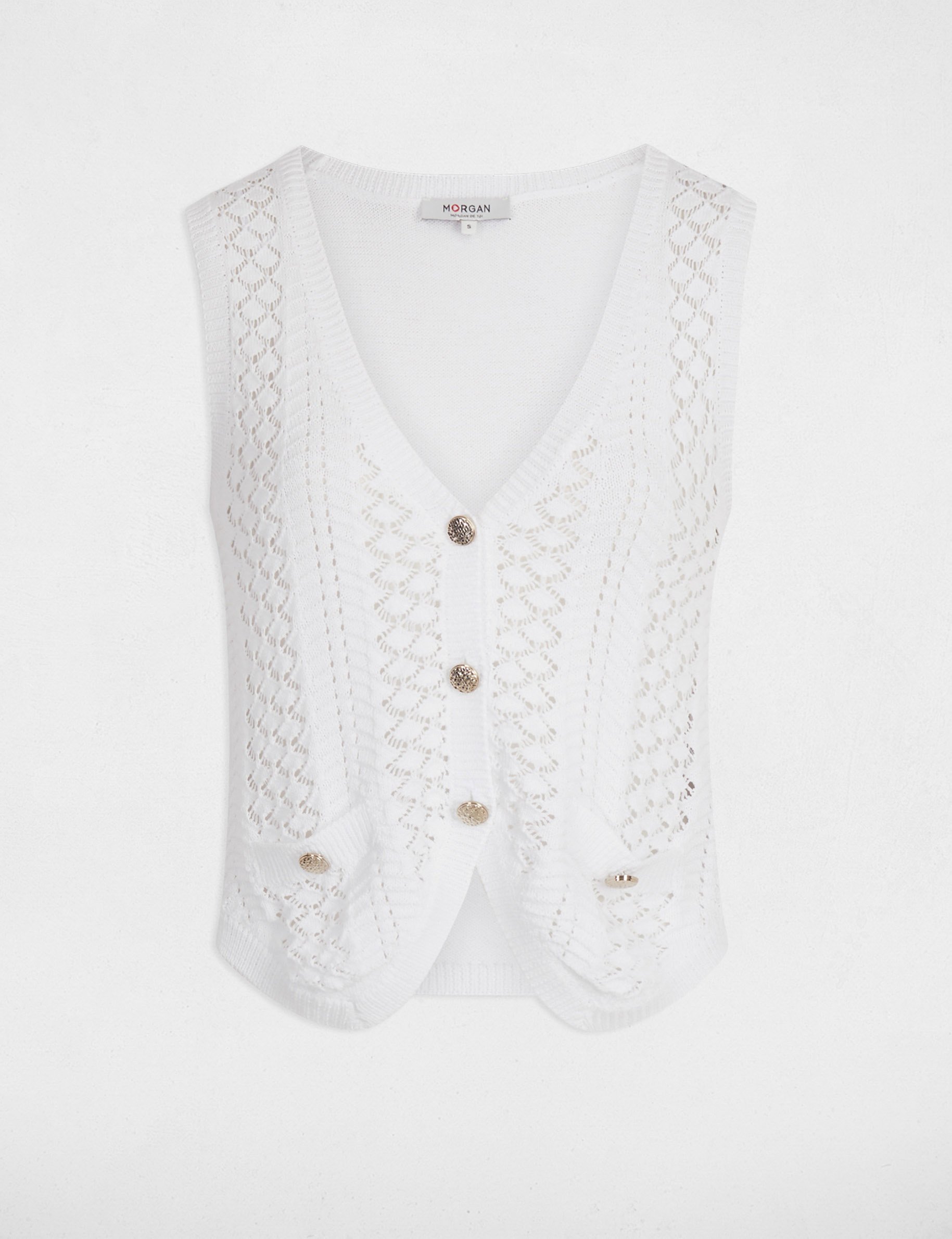 mouwloos vest met v hals helder wit vrouw Mouwloos vest met V-hals helder wit vrouw