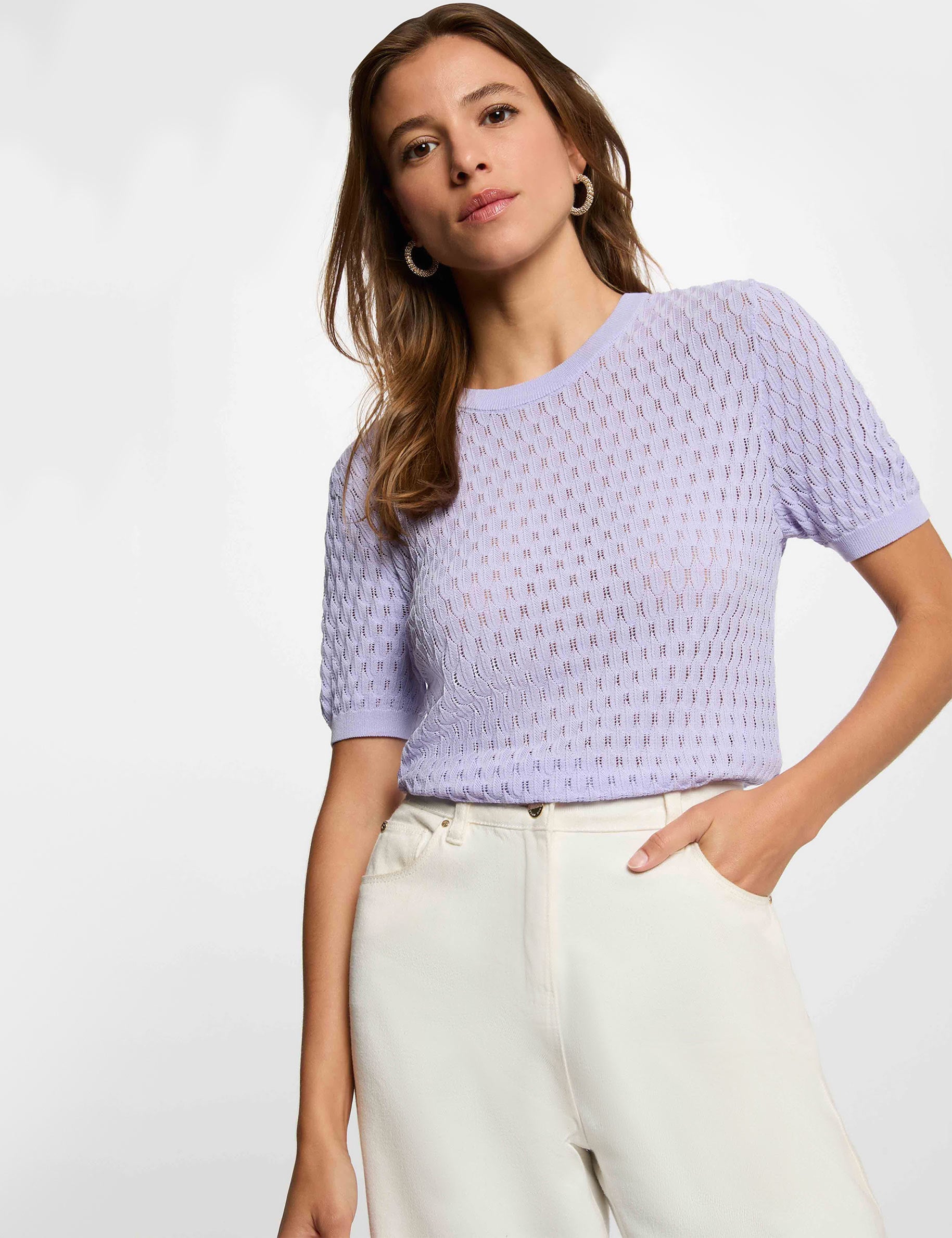 Fijne trui met ronde hals mauve vrouw