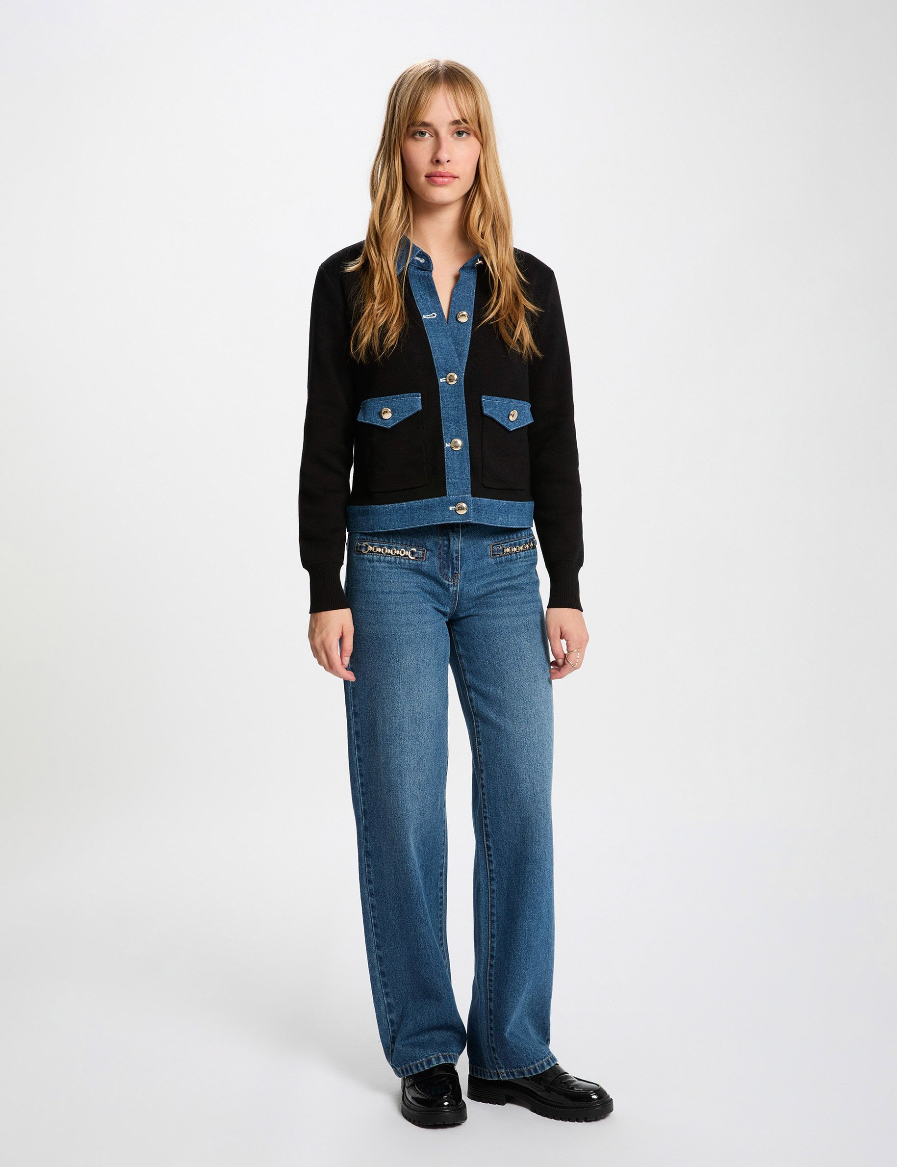 Gilet col &agrave; revers ray&eacute; noir femme