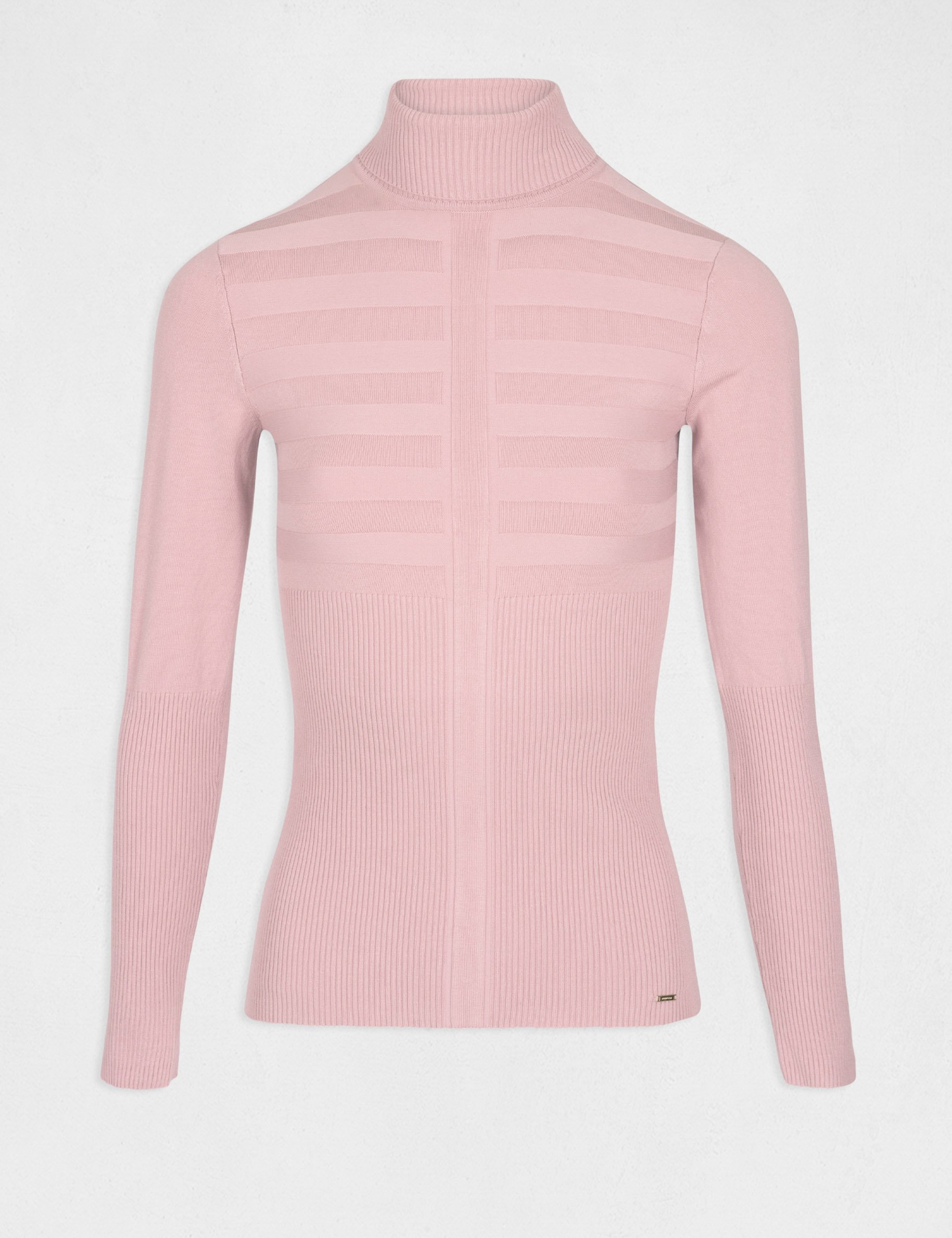 Pull col roul&eacute; ajust&eacute; rose pale femme