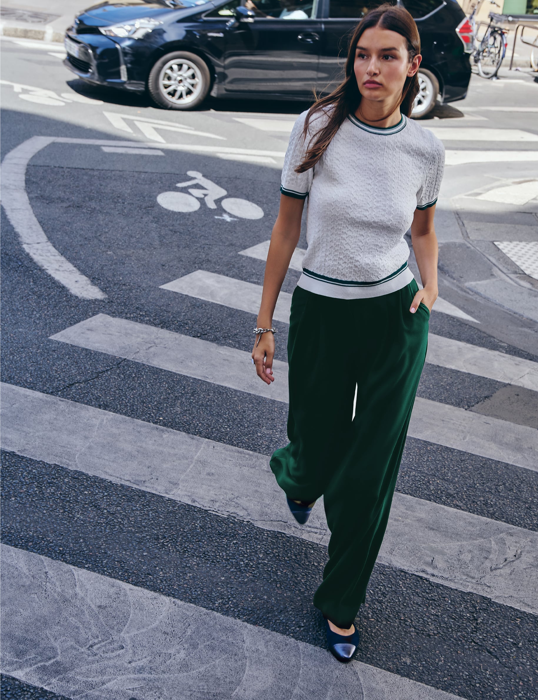 Pantalon large taille haute vert femme