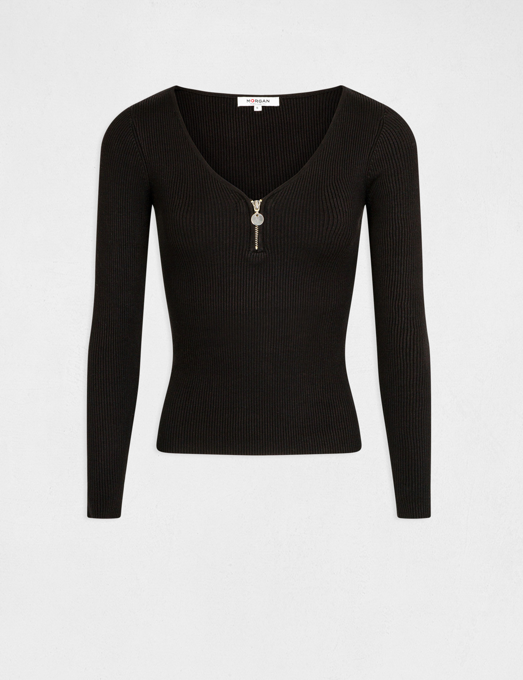 Pull manches longues c&ocirc;tel&eacute; d&eacute;tail zipp&eacute; noir femme