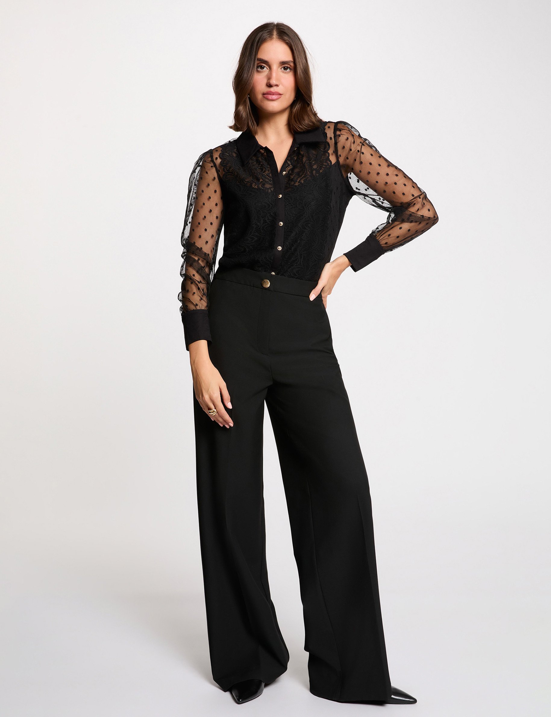 T-shirt met lange mouwen en kant zwart vrouw